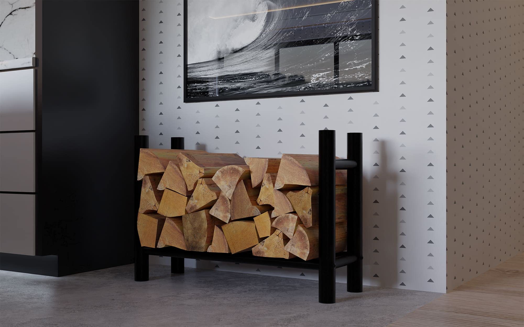 CLP Leñero De Acero Medya En Look Industrial I Soporte Para Troncos De Madera De 4 Patas Cuadradas o Cilíndricas, Tamaño:30x80x60 cm, Forma:ronda