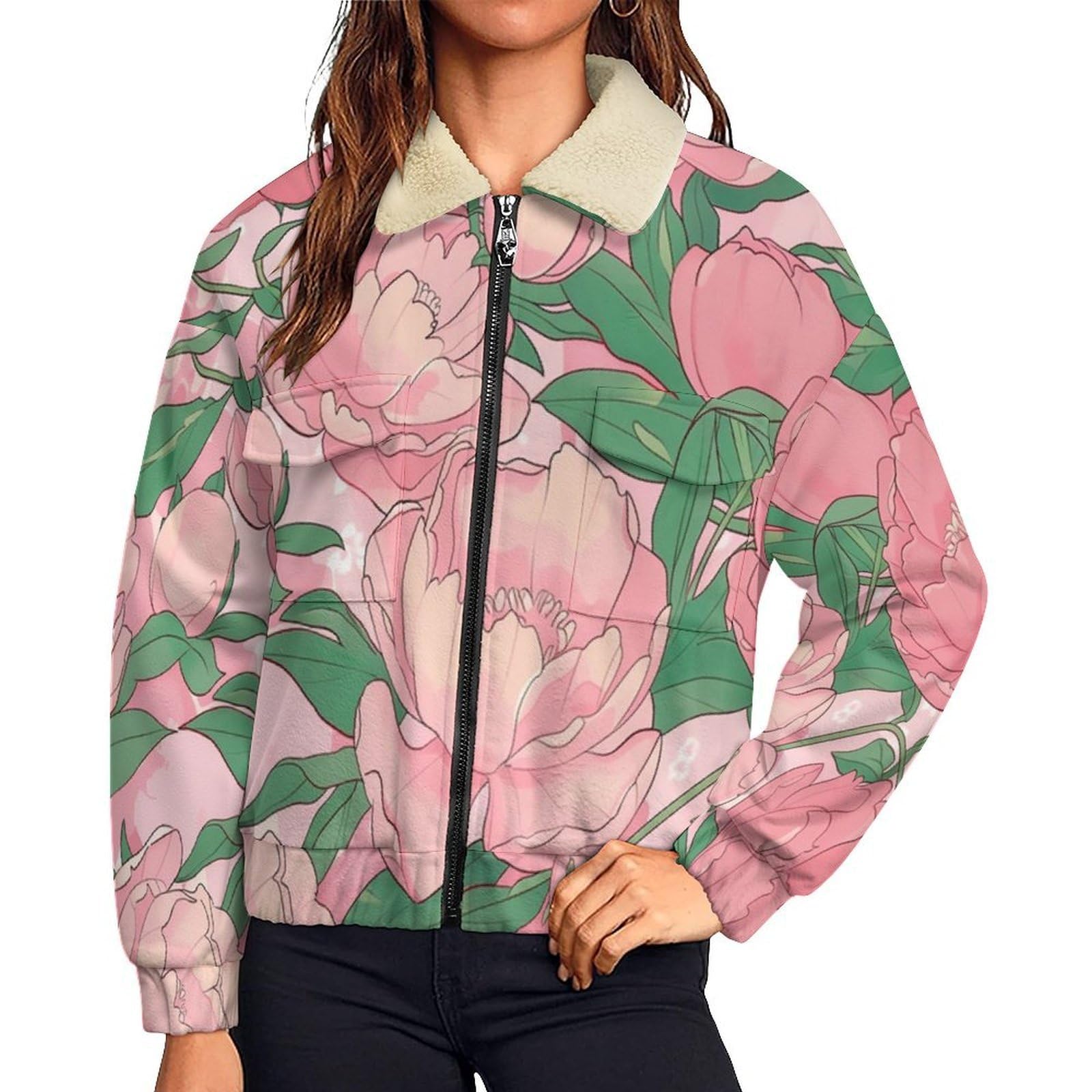 Donna Pile Stampa cartone animato Caldo con Cerniera, Giacca da Camera Invernale Corta Pile Giacche, Grazioso fiore peonia Cappotto In Peluche Sherpa Giubbotto Fleece Comoda