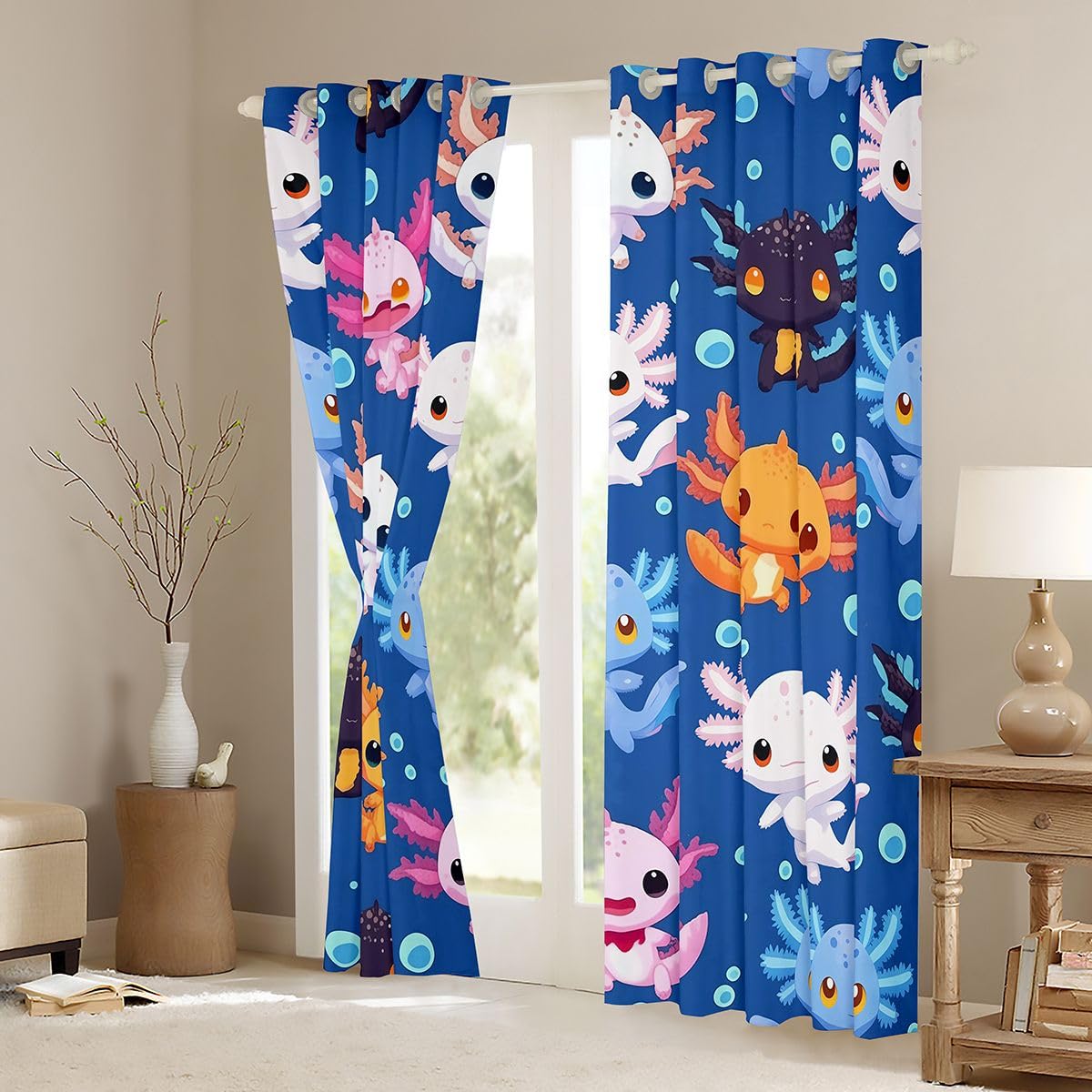 Homemissing Simpatiche tende Axolotl per camera da letto e soggiorno, stile kawaii, oceano marino, oscuranti, tende oscuranti con salamandra, 2 pannelli, 132 x 228 cm (larghezza x lunghezza)