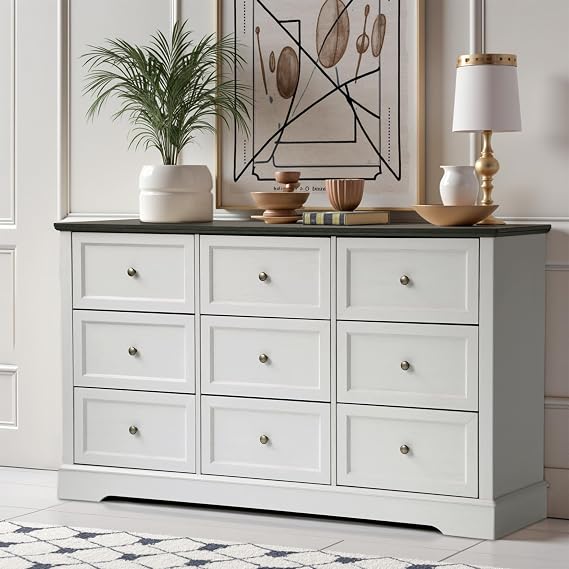 LOUVIXA Farmhouse Dresser 9 Drawer, Bedroom Chest of Drawers, Dressers with 9 Drawers, Wooden Dressers for Bedroom, Living Room, Tv Stand, Entryway(Off White-Brown)