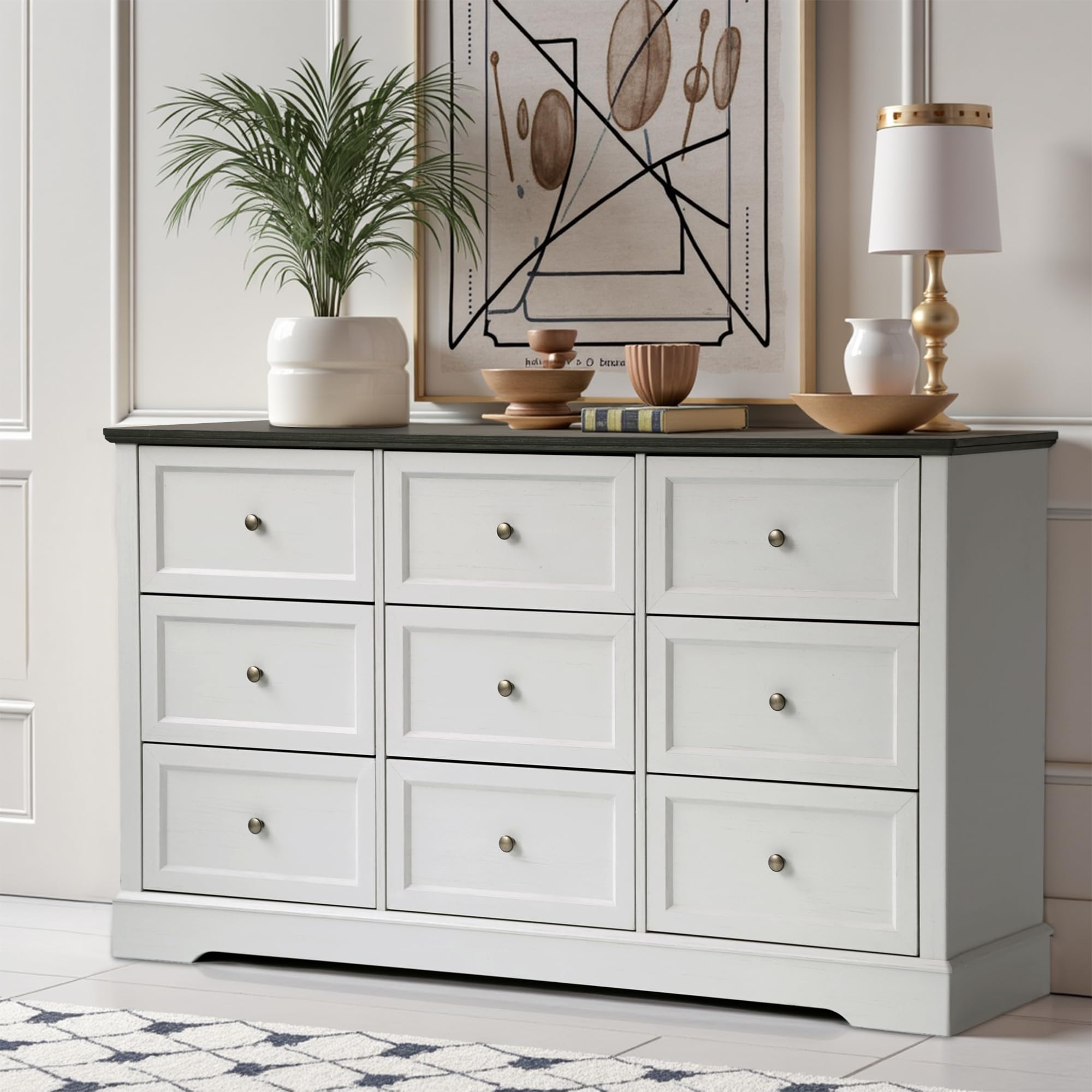 LOUVIXA Farmhouse Dresser 9 Drawer, Bedroom Chest of Drawers, Dressers with 9 Drawers, Wooden Dressers for Bedroom, Living Room, Tv Stand, Entryway (Off White-9 Drawers)
