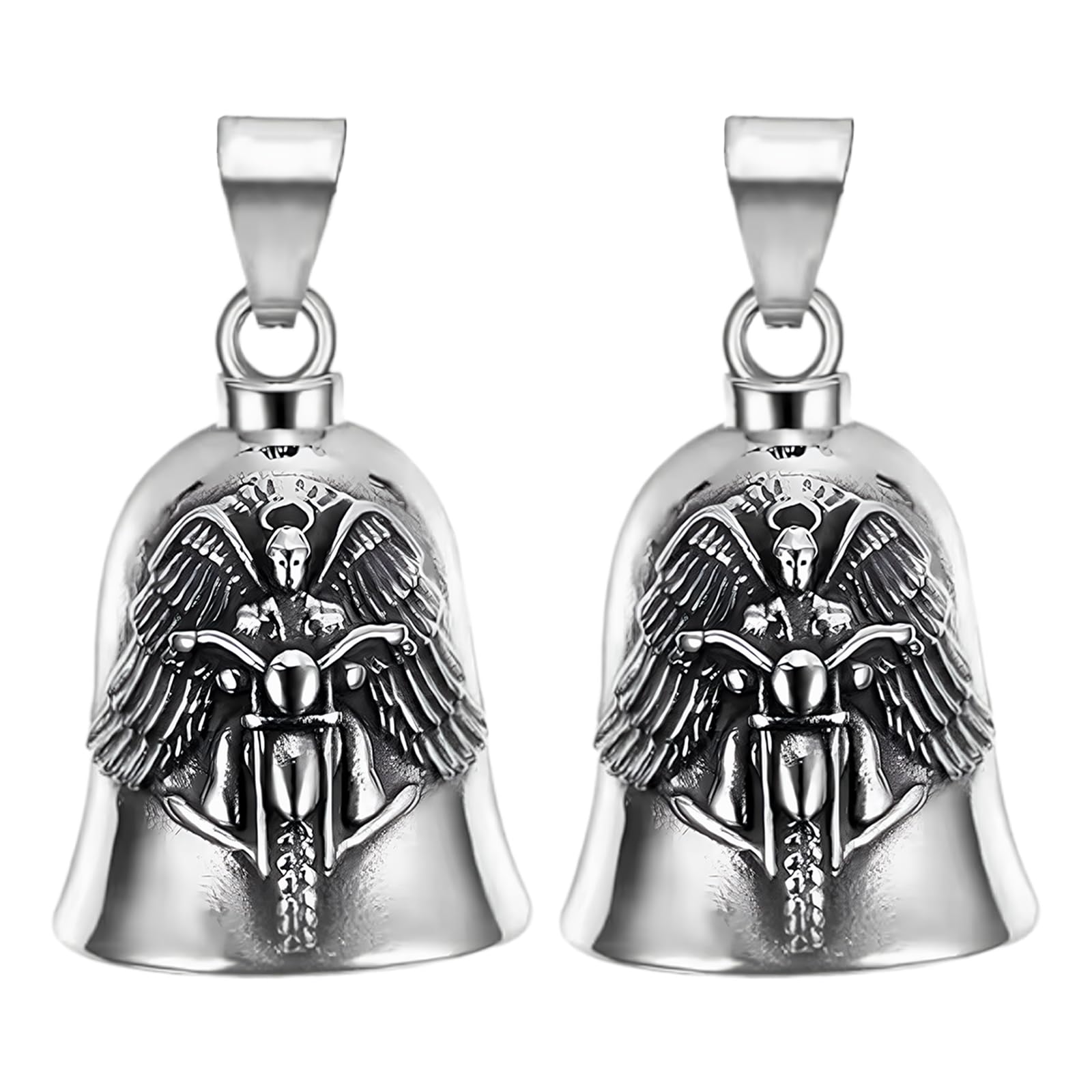 Heuiop Men's Silvery 2 Pcs Guardian Bell For Motorcycles, Angel Gremlin Bell With Keychain,Luck Charm For Father's Day Christmas Anniversary Valentine's Day Gift To Motorbikes Bikeriders Husband (Silver)