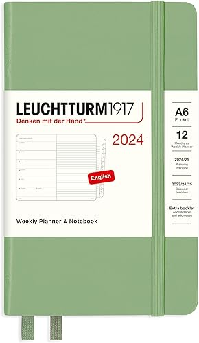 LEUCHTTURM1917 - Weekly Planner & Notebook 2024 with extra booklet, Hardcover, Pocket (A6), Sage (Jan 1 - Dec 31, 2024)