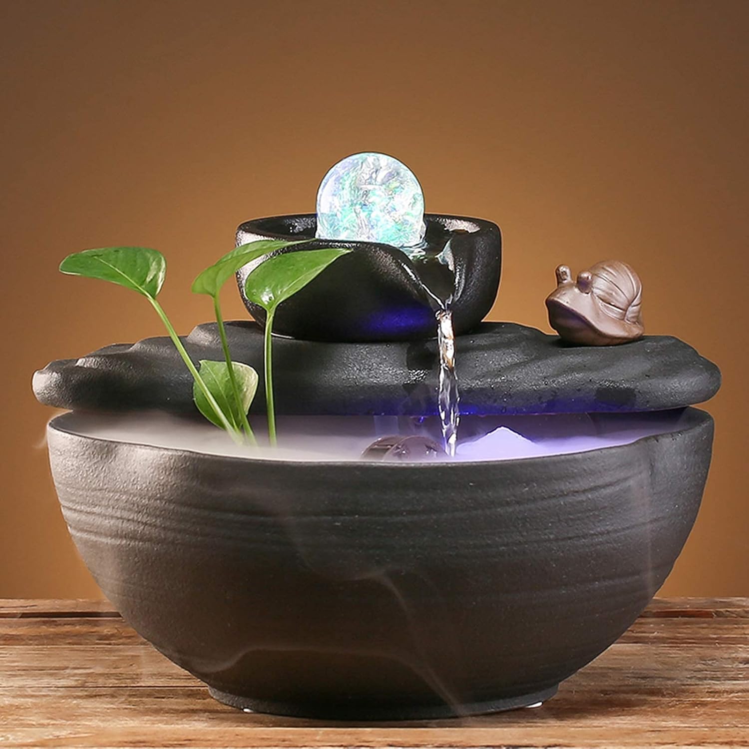 Indoor Decoration Water Fountain,Small Relaxation Waterfall Water Feature,Zen Tabletop Water Fountain with Soothing Sound for Office and Home Decor-Curry Color 11.8inch