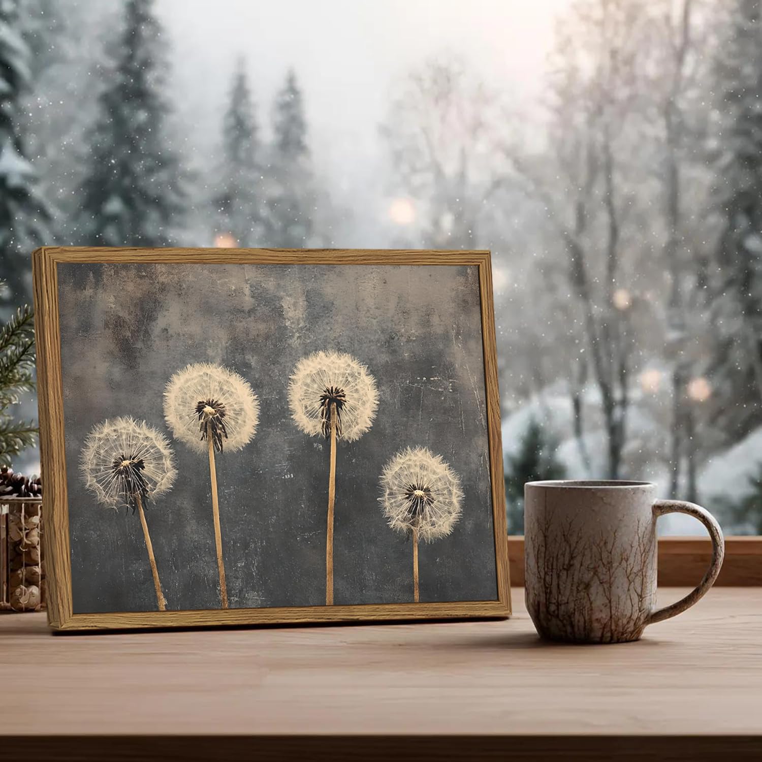 Vintage Dandelion Wall Art, Dark Floral Wall Decor Painting Moody Flower Poster Canvas Prints Picture Rustic Botanical for Living Room Bedroom Farmhouse 16x24 inch Wood Framed image 3