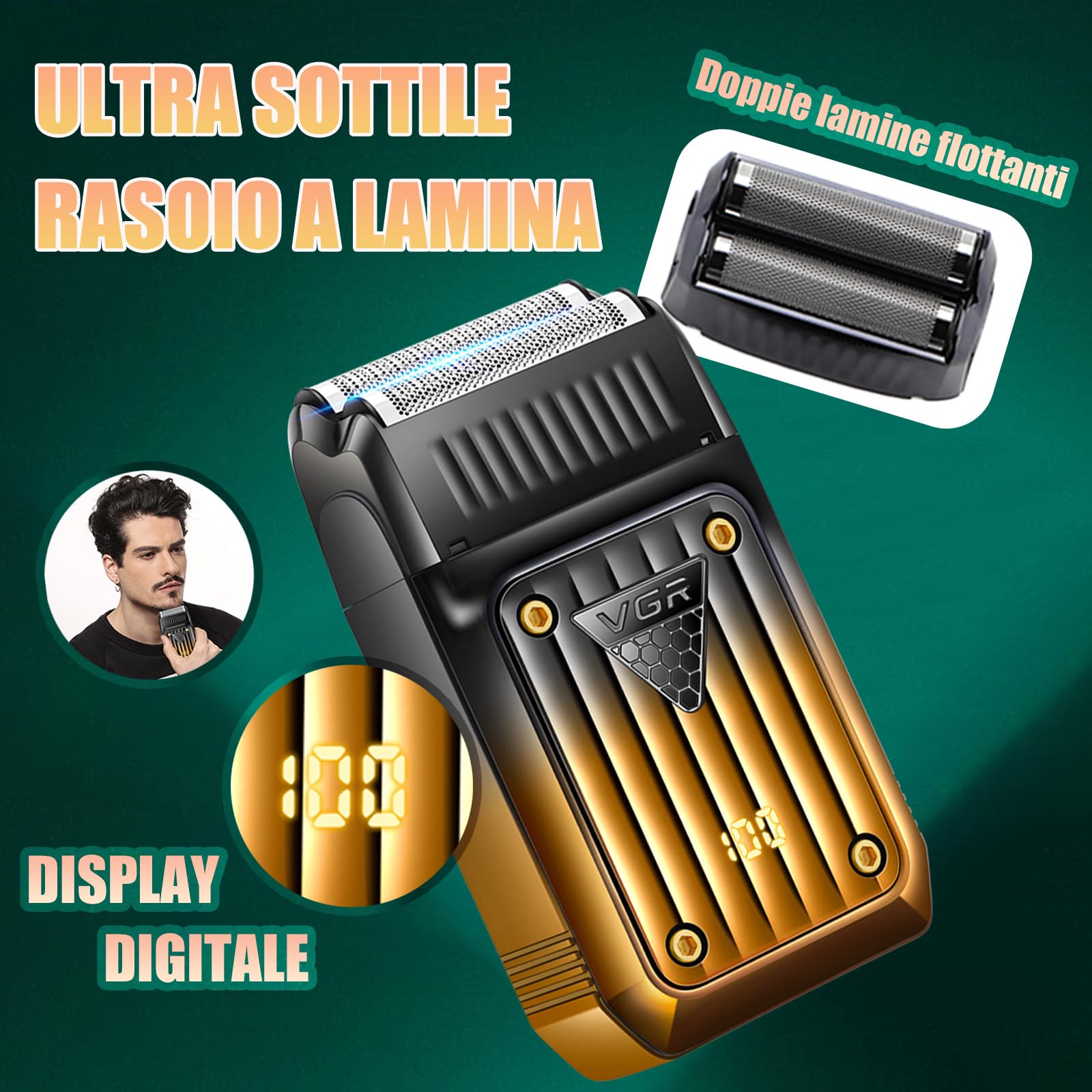 VGR 644 Tagliacapelli Professionale per Uomini, Tondeuse per Barba Senza Fili & Rasoi Elettrici, Kit di Taglio per Barbiere Ricaricabile da 3 Pezzi con Display LED