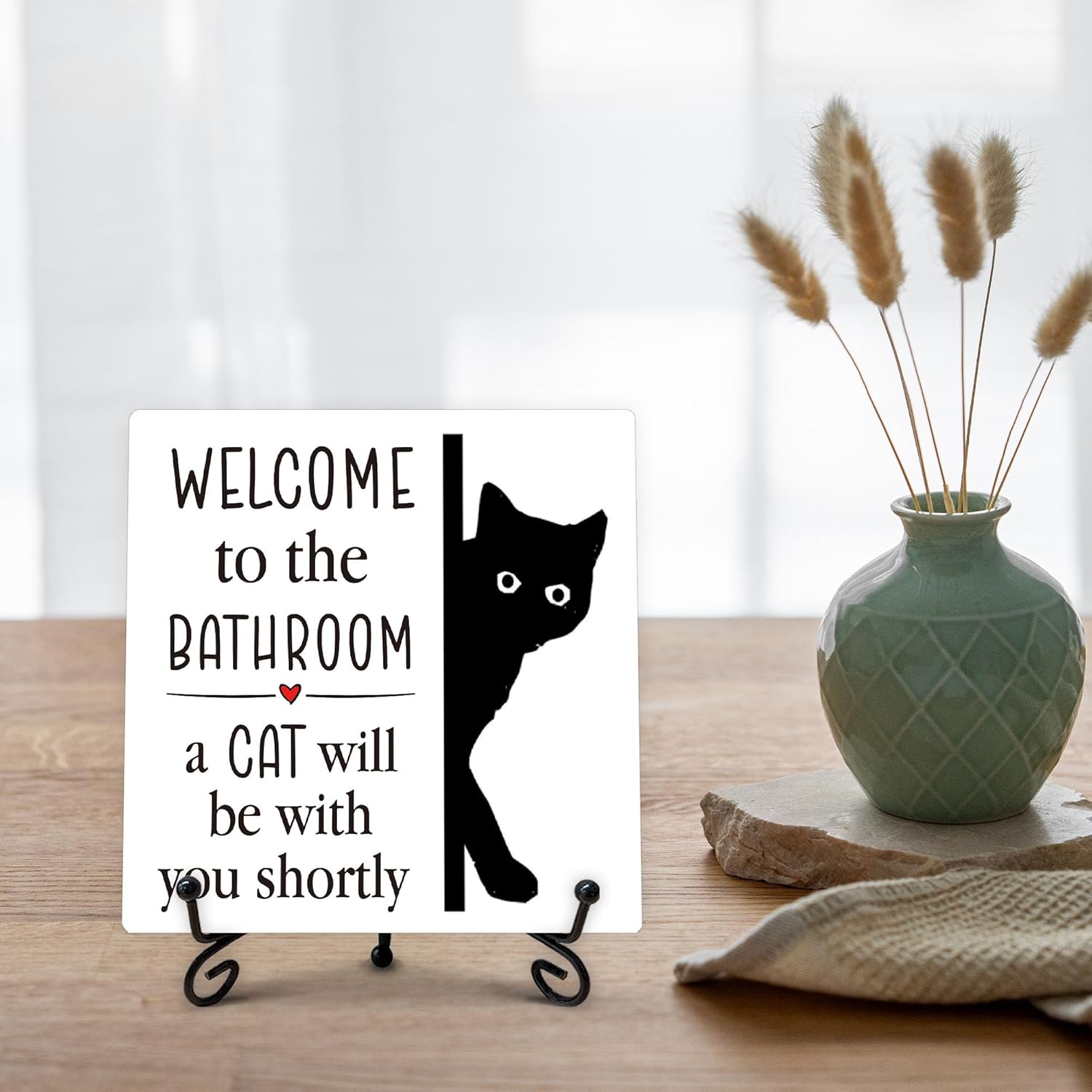 Black Cat Bathroom Decor, Welcome to the Bathroom Wooden Sign, Humorous Black Cat Wood Signs for Restroom Toilet Counter Shelf, Home Rustic Farmhouse Bathrooms Decoration, 5"x5"-C14 - Image 3