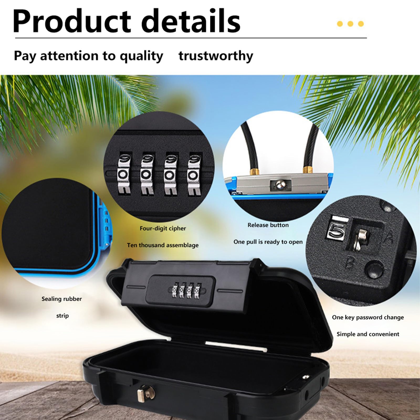 Coffre-fort portable sans clé avec chaîne amovible – Coffre-fort de voyage en caoutchouc étanche pour téléphone, bureau et plage, noir
