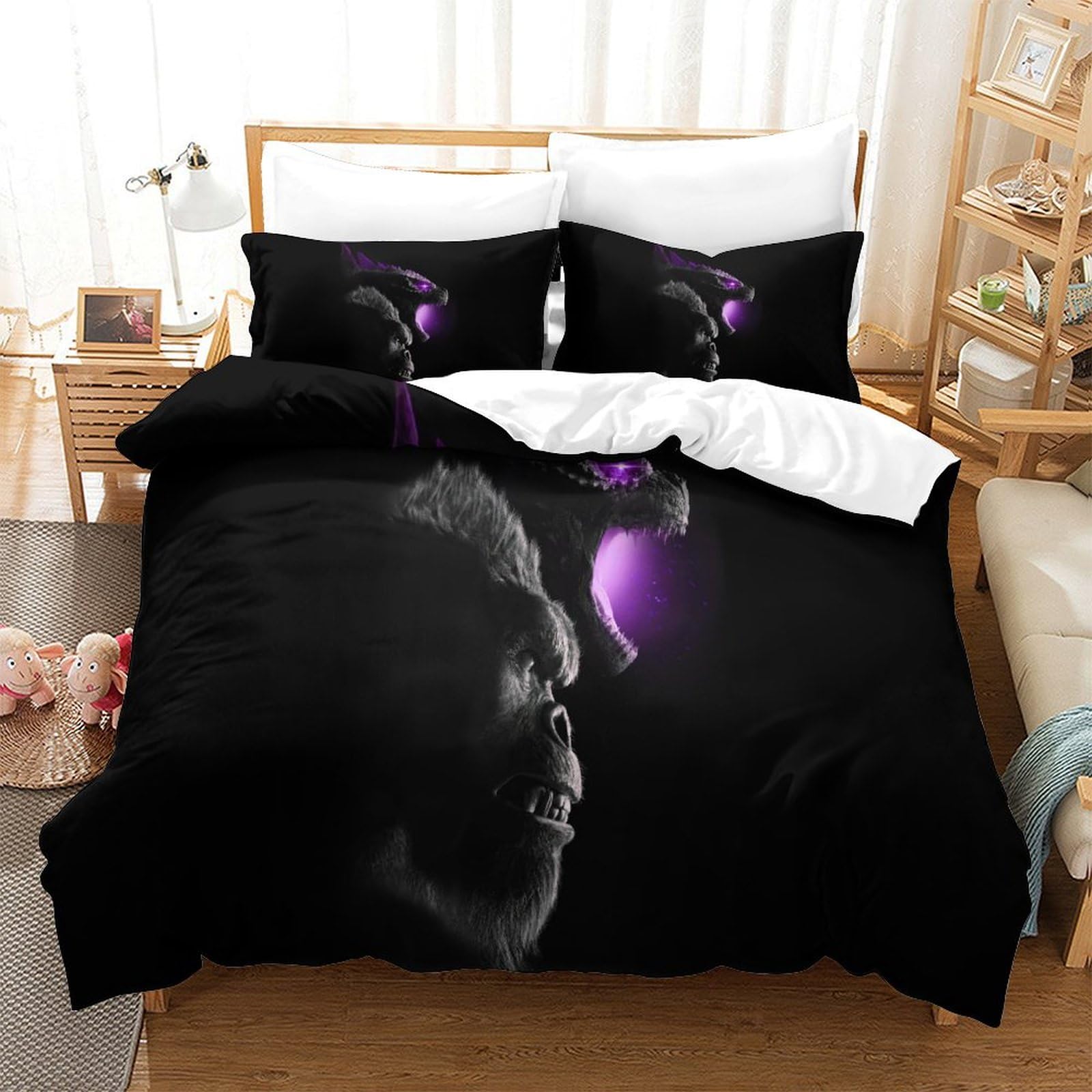 MJCZEGDCR Godzilla Bedding Set Duvet Cover For Kids Children Teens 3D Comforter Cover Bedspread Bedroom Decor Quilt Cover 2Pcs with Pillowcases Double（200x200cm）