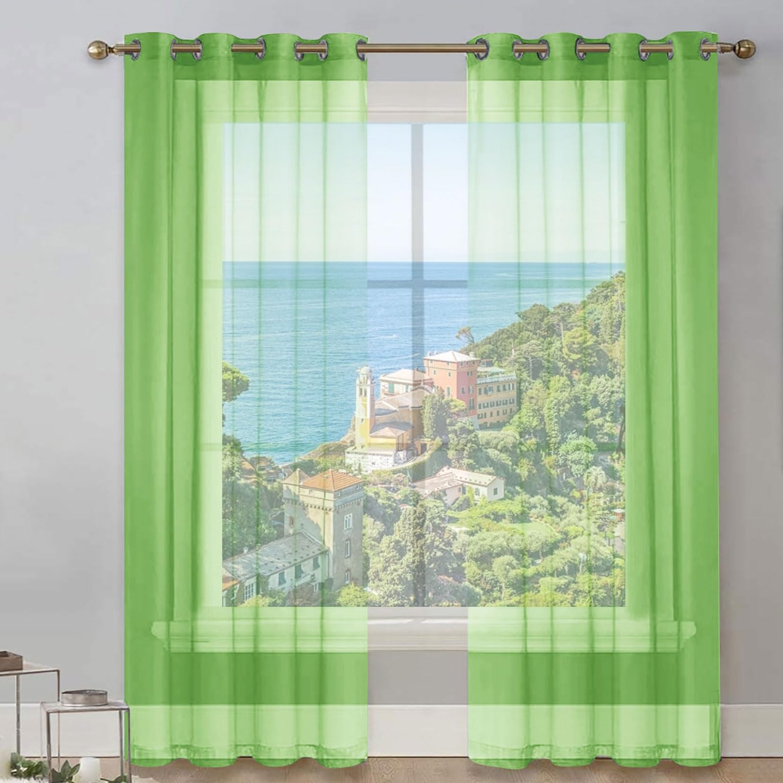 Voilage à oeillets vert 150x60 cm en polyester semi transparent pour fenêtre de maison