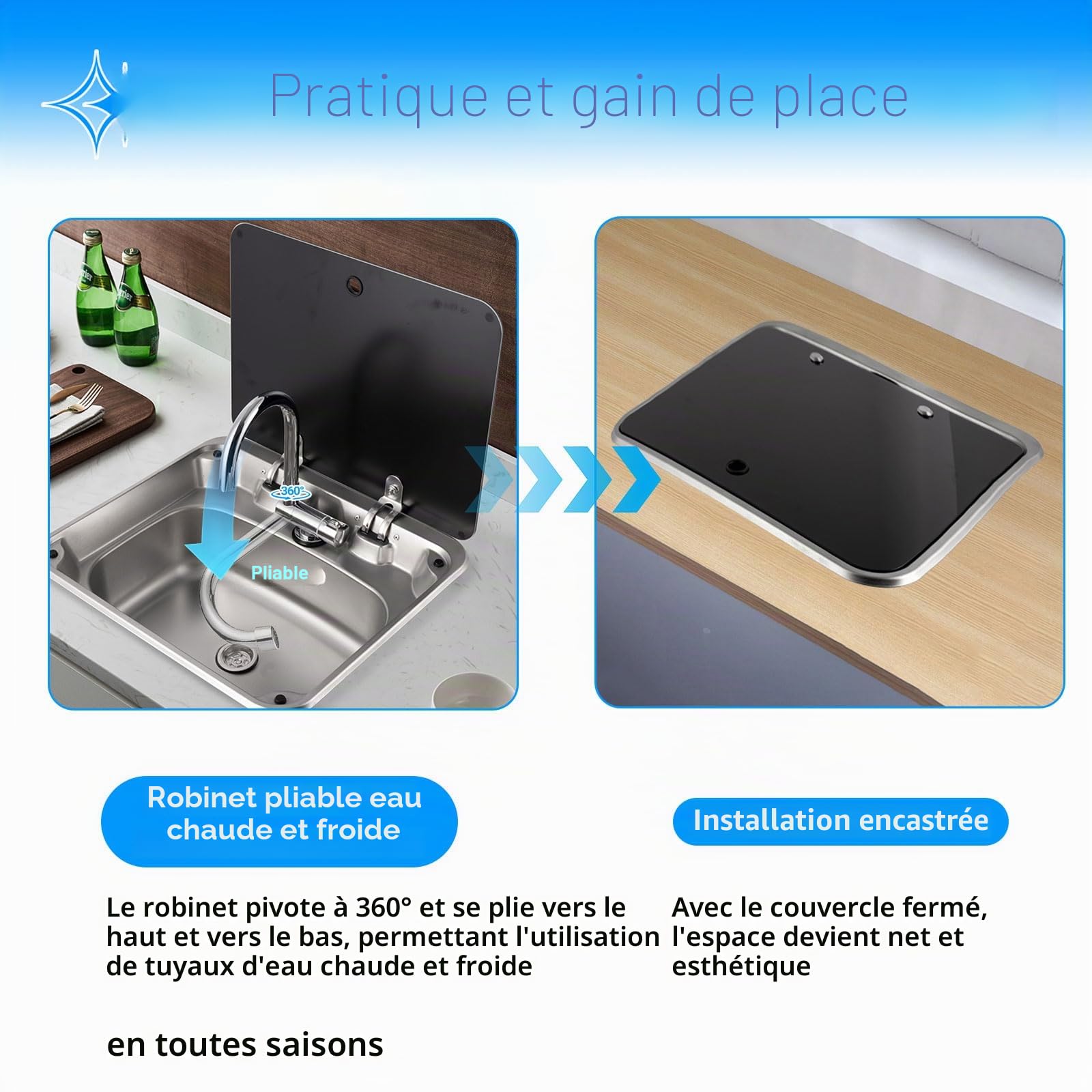 Évier de cuisine avec couvercle, 41,9 x 37,6 x 15 cm, en acier inoxydable 304 avec robinet pivotant à 360° pliable et couvercle en verre trempé pour caravane, camping-car, camping-car