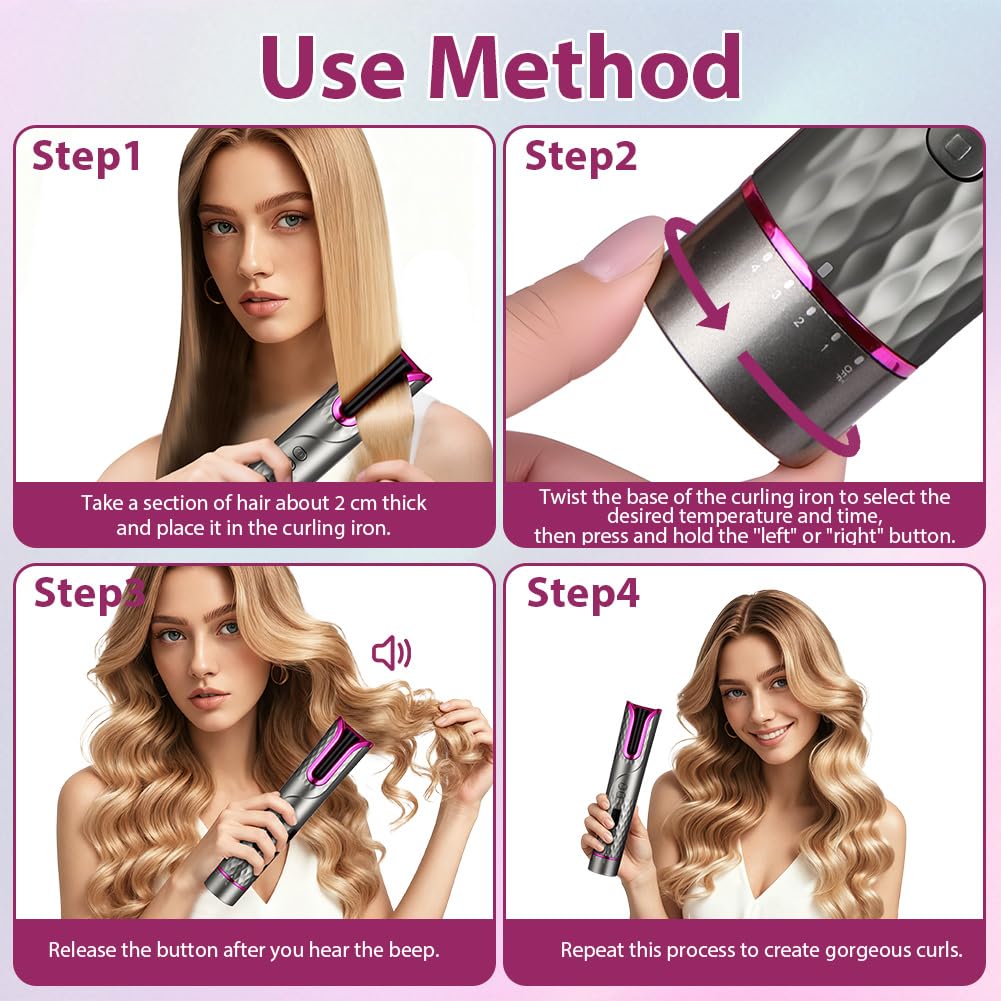 Flintronic Fer a Boucler Cheveux Automatique, Boucleur a Cheveux Sans Fil, Boucleur Céramique USB Rechargeable, avec 6 Réglages de Température & Minuteur, Anti-brûlure, pour Cheveux Longs/Courts