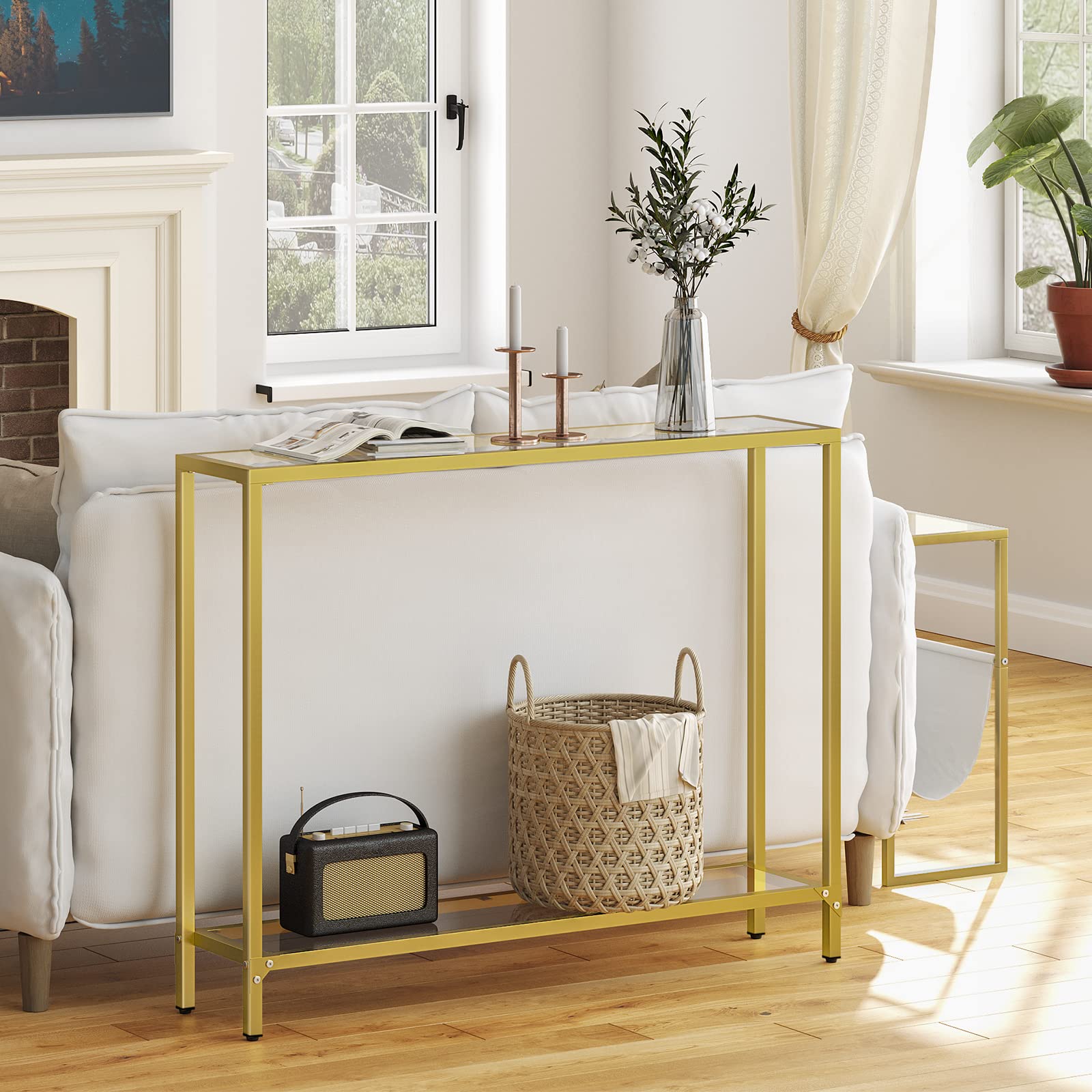 HOOBRO Tavolo Console a Ripiani, 100 cm Tavolo Ingresso con Piano in Vetro Temperato, Tavolo Display per Decorazione, Telaio in Metallo, Soggiorno, Corridoio, Oro Metallico e Trasparente EGD04XG01