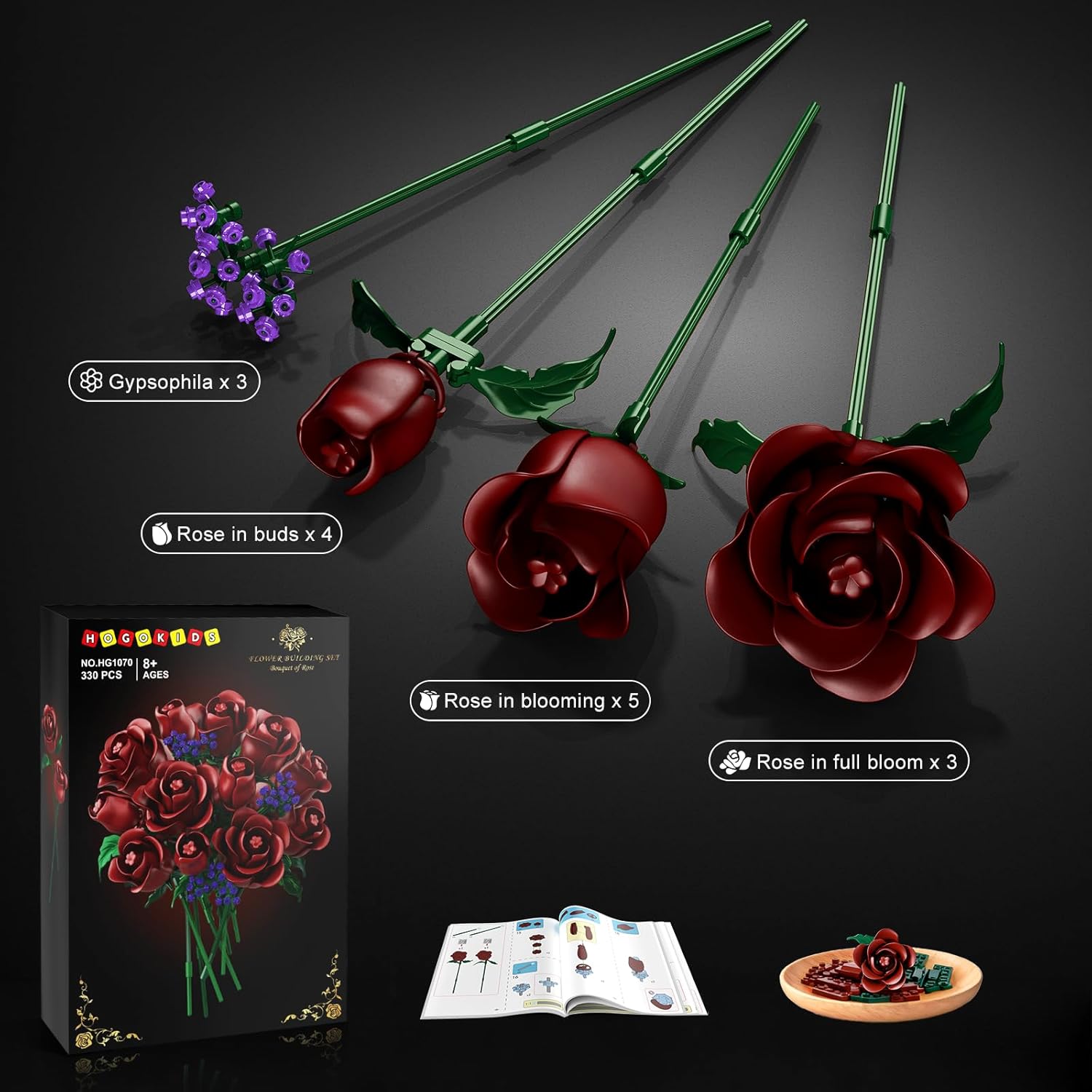 HOGOKIDS Flowers Bouquet Building Set - 15 Burgundy Roses Mother's Day Gfit for Mom, 330PCS Deep Red Rose Botanical Collection Building Blocks Artificial Flower Gothic Home Decor for Wife Adults Girls