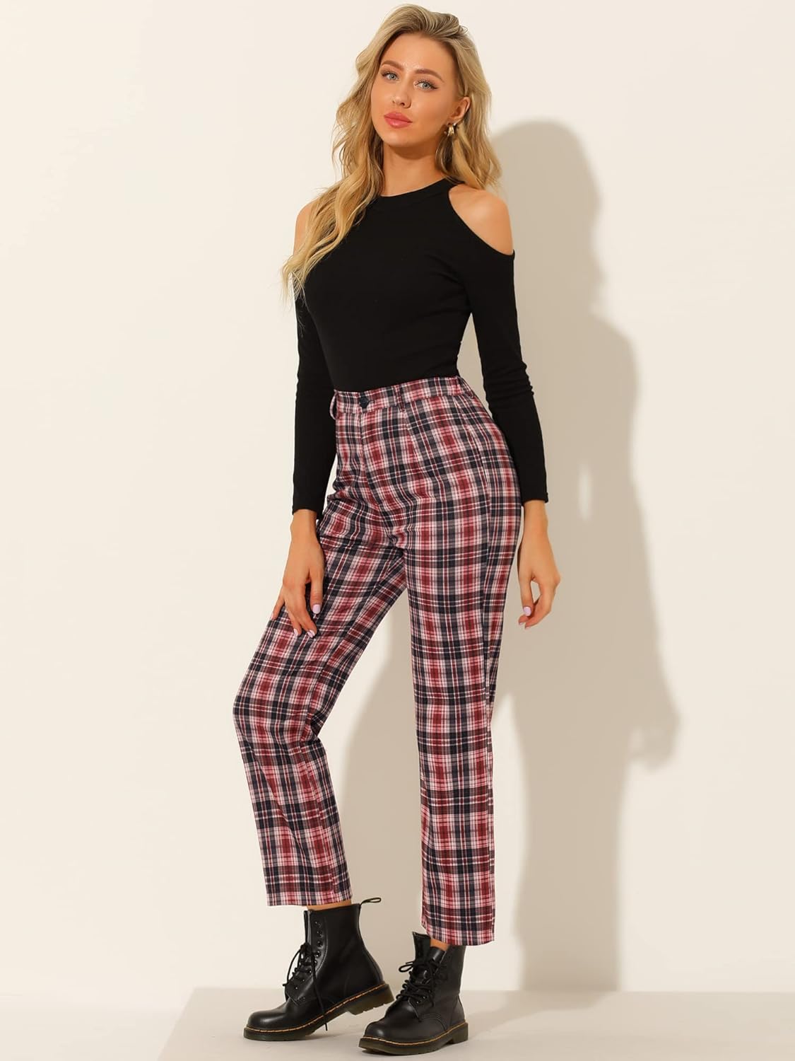 Allegra K Women's Plaid Pants High Waisted Vintage Tartan Checkered Cropped Casual Work Pants - Image 4