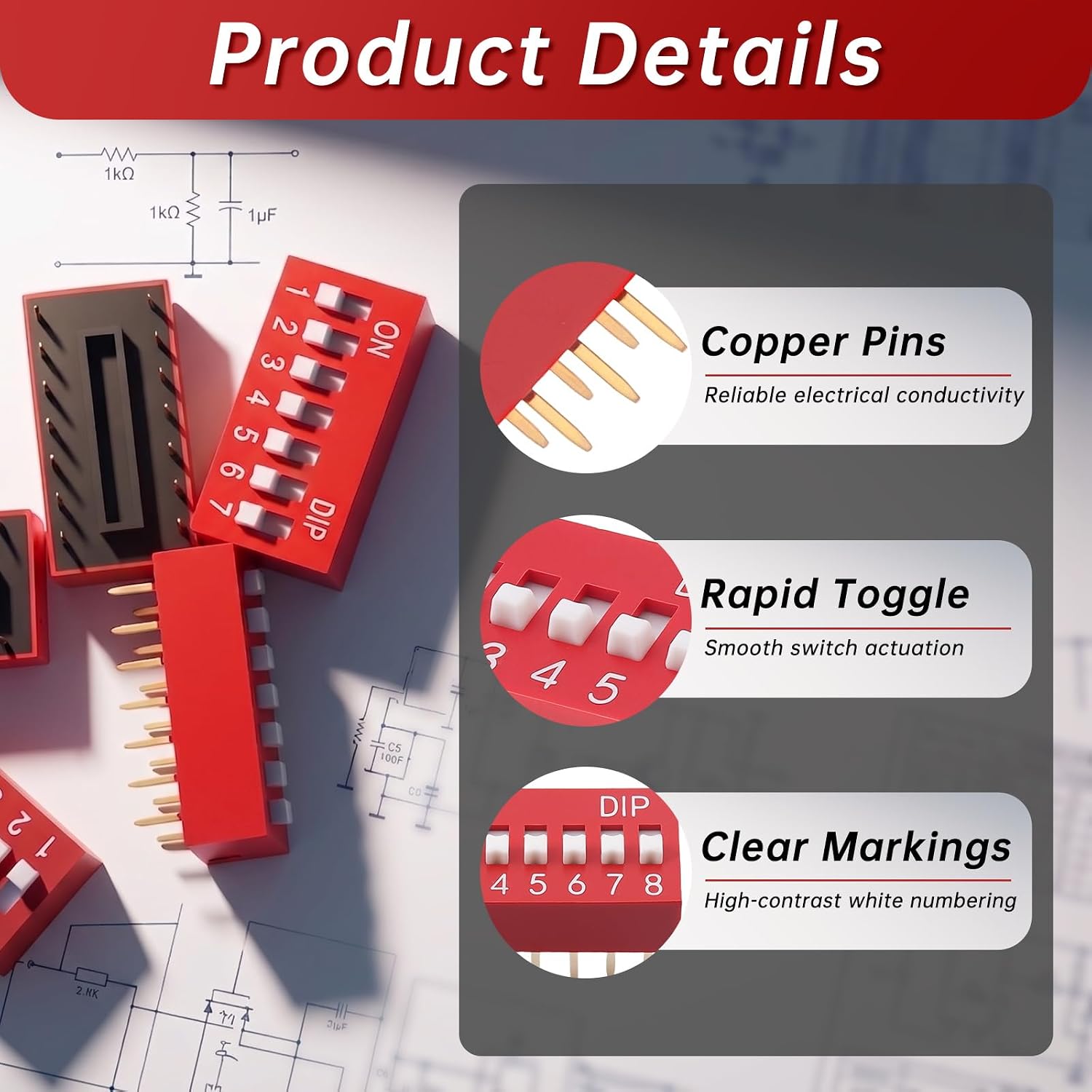 53Pcs 12 Values DIP Switch Assortment Kit 1 2 3 4 5 6 7 8 10 12 Position 2.54mm Pitch 24V DC 25mA Circuit Logic Toggle 1 to 12 Position Red DIP Switches for Circuit Breadboards