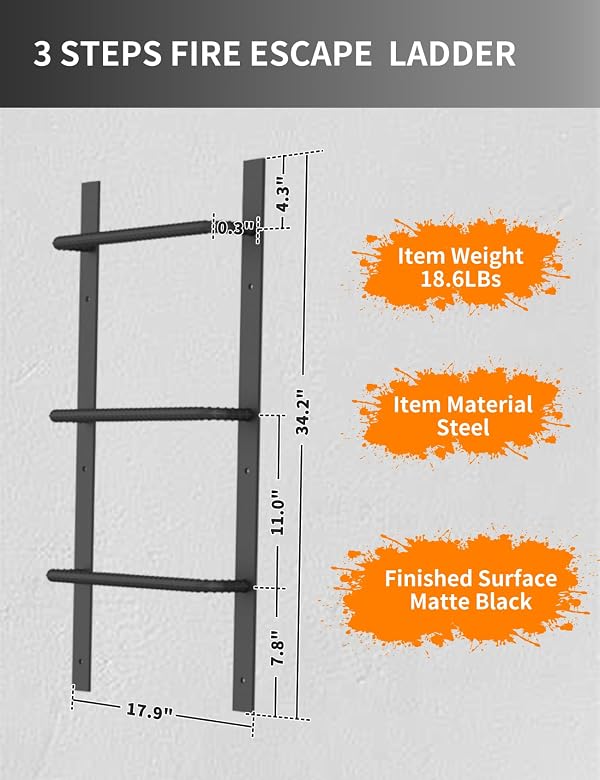 3-Rung Window Well Ladder, Heavy Duty Steel Basement Egress Ladder, Fire Escape Ladder for Emergency Home Safety(34.2" Lx17.9 W, Straight, Matte Black) by yeezoo - Image 2