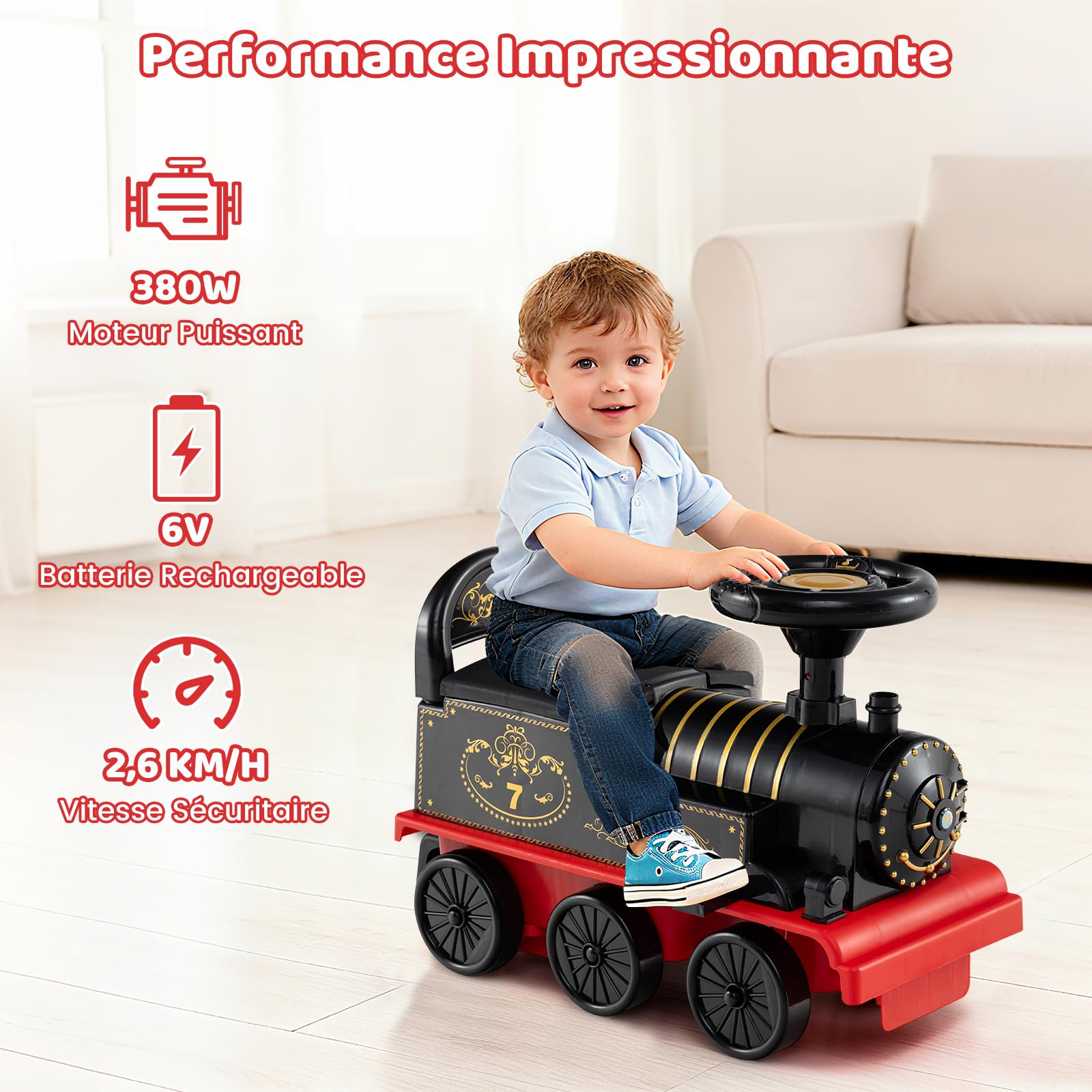 COSTWAY 6V Train Porteur Électrique Enfant 2 Places avec Sifflet et Musique