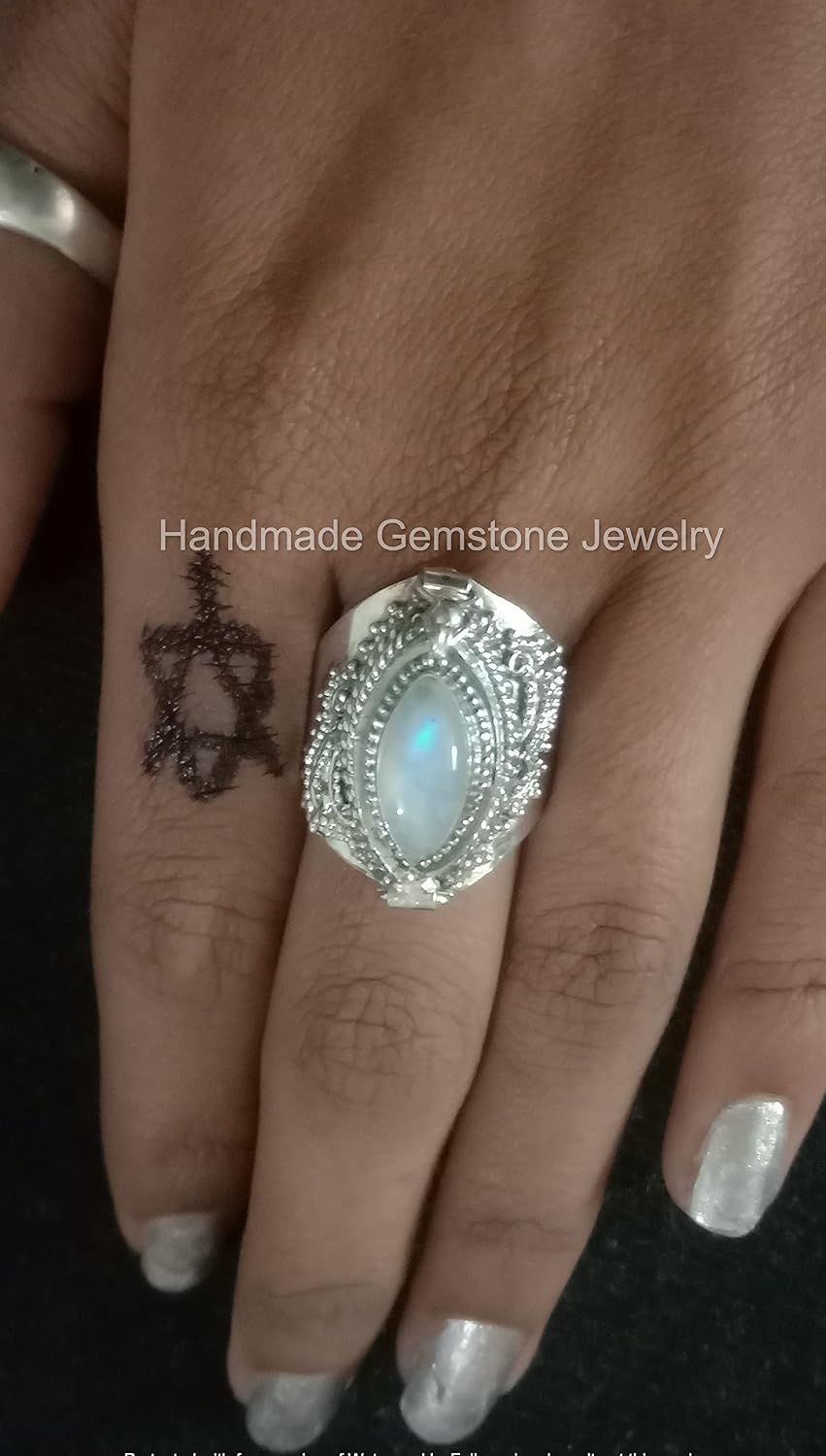 Natural Rainbow Moonstone Marquise Poison Ring - June Birthstone Locket Ring with Blue Flash, Openable Secret Compartment Gemstone Jewelry, 925 Sterling Silver