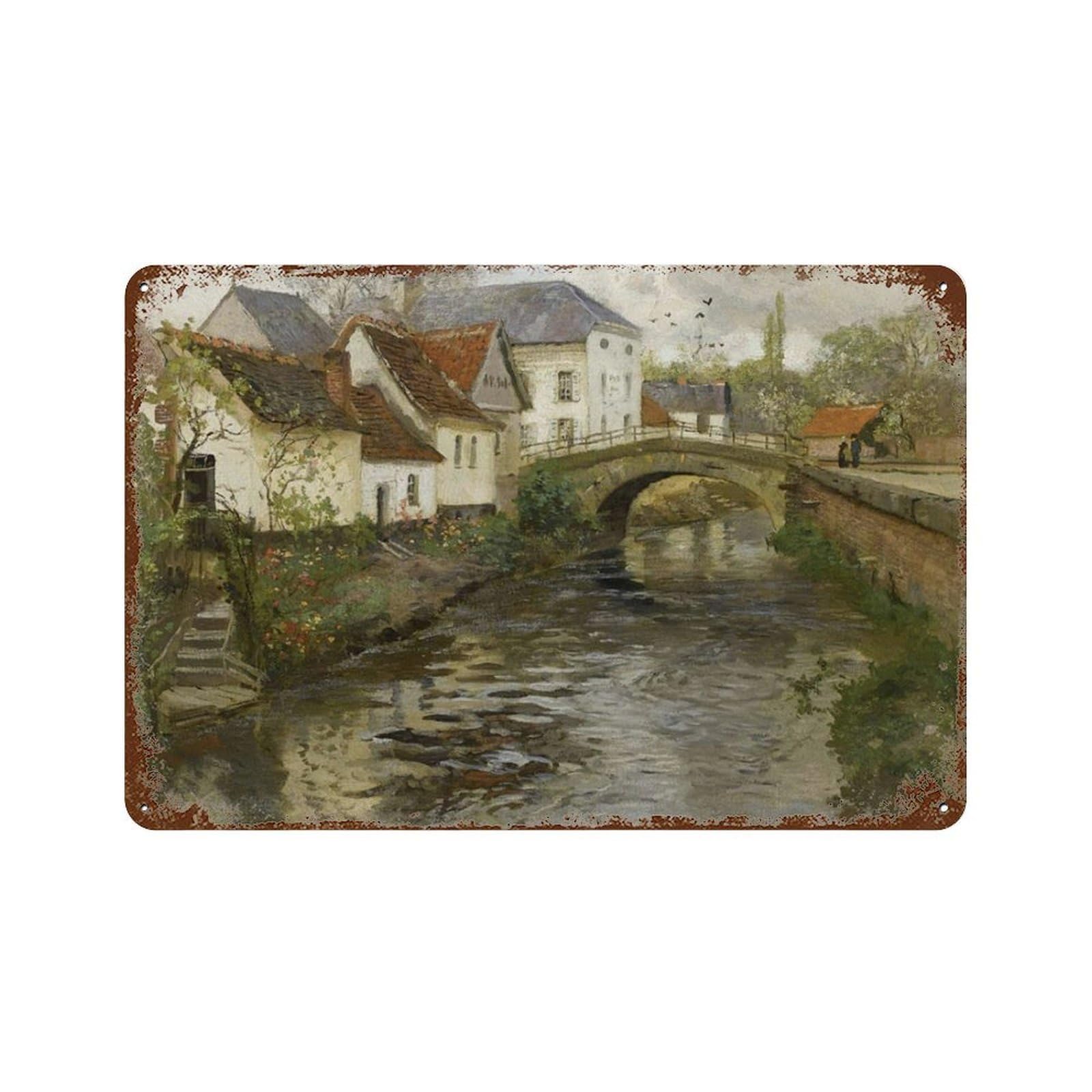 xiaoxiaoshen Vintage European Village Painting_ Rustic Canal Able Wall Decor Art Metal Tin Poster Modern Home Decor Art Home Bar Shop Decorations Vintage Sign 20x30cm
