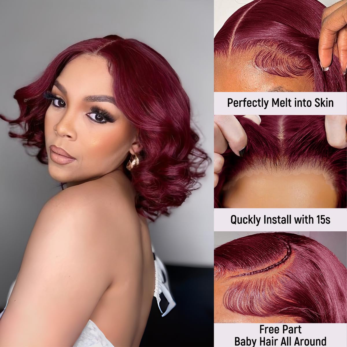 mscoco Bob Wig Human Hair Glueless 6×5 99j Burgundy Body Wave Lace Front Wigs Human Hair Pre-Bleached Knots Wear and Go Glueless Bob Wig Human Hair for Black Women Body Wave Wig
