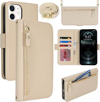 Lipvina Mobile Phone Case for iPhone 12/12 Pro with Practical Strap and Card Slot - Stylish Flip Case with Mobile Phone Chain Made of High-Quality Leather Case for iPhone 12/12 Pro - Beige White