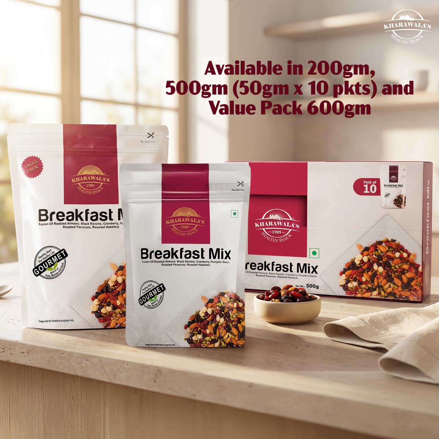 KHARAWALA'S Breakfast Mix - Pack of 2 (200gm Eac) | Fusion of Roasted Pumkin Seed, Almonds, Pecan Nuts, Hazelnut, Cranberry & Black raisins 4