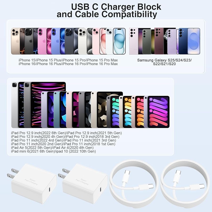 2Pack iPhone 17 16 15 Charger Fast Charging,USB C Super Fast Charger Block and Long Type C to C Cable Cord 10ft for Apple iPhone 17 Pro Max/17 Air/16 Pro/16 Pro Max/15 Plus/15 Pro/iPad Plug Cube - image 7