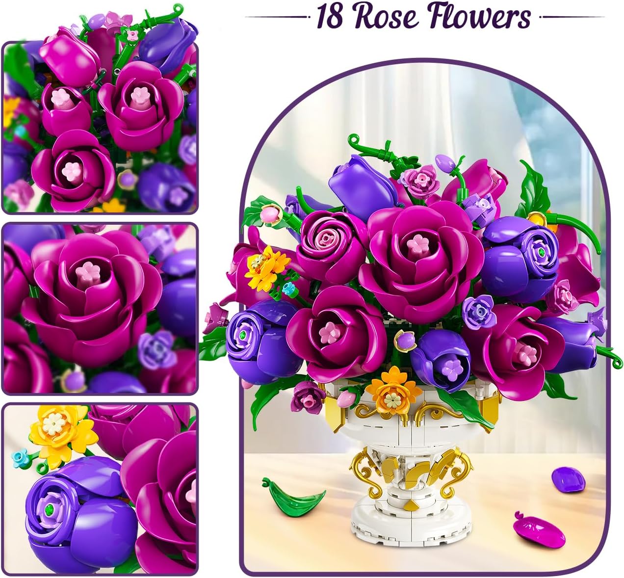 PLAXSOON Purple Rose Flower Building Set with Vase, 969 PCS Botanicals Flowers Bouquet Building Block Kit, 18 Roses Bonsai Collection Home Decor, Valentine's Day Gift for Adults Women Boys Girls 12+