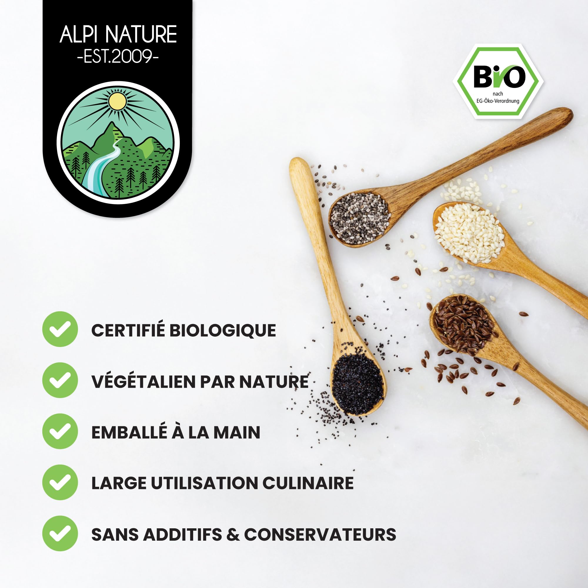 Alpi Nature Graine de Chia BIO 1kg, Graines de Chia Noires Entières Crues pour Smoothies, Yaourts et Mueslis