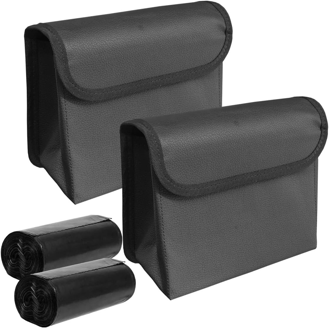 Bote de basura magnético para automóvil con tapa, caja de almacenamiento plegable de cuero resistente al agua para puerta de automóvil con bolsa de basura de 2 rollos, mini contenedor organizador de basura para respaldo de asiento de vehículo colgante (2 juegos)