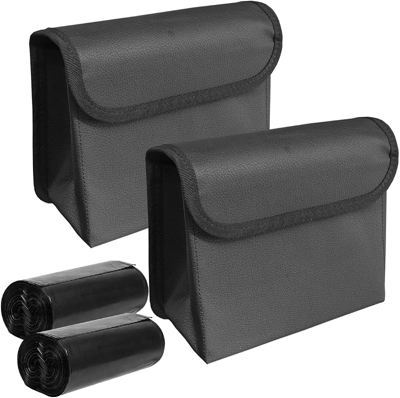 Bote de basura magnético para automóvil con tapa, caja de almacenamiento plegable de cuero resistente al agua para puerta de automóvil con bolsa de basura de 2 rollos, mini contenedor organizador de basura para respaldo de asiento de vehículo colgante (2 juegos)