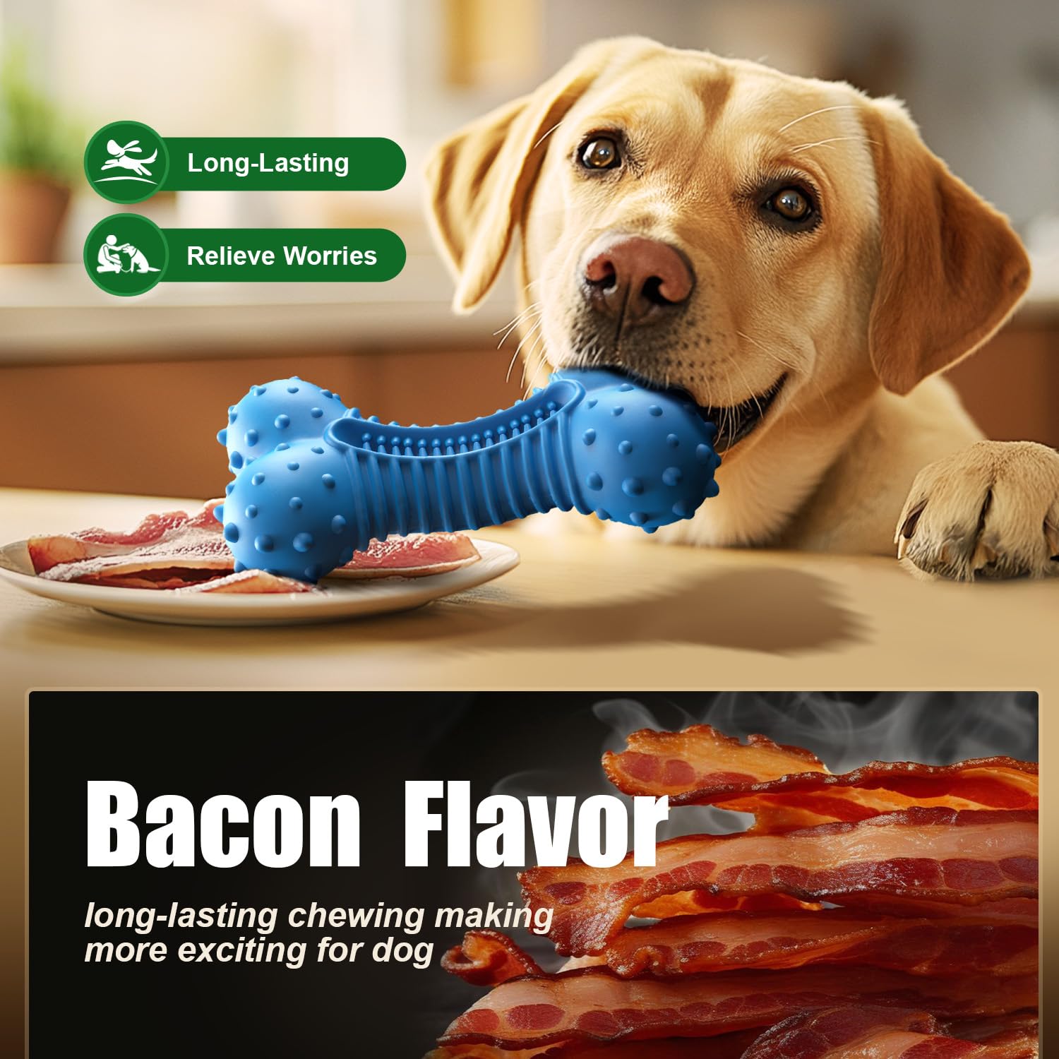 Juguetes para perros de goma para masticadores agresivos: este hueso grande, resistente y pesado con sabor natural a tocino son excelentes juguetes masticables para perros grandes para cuidar
