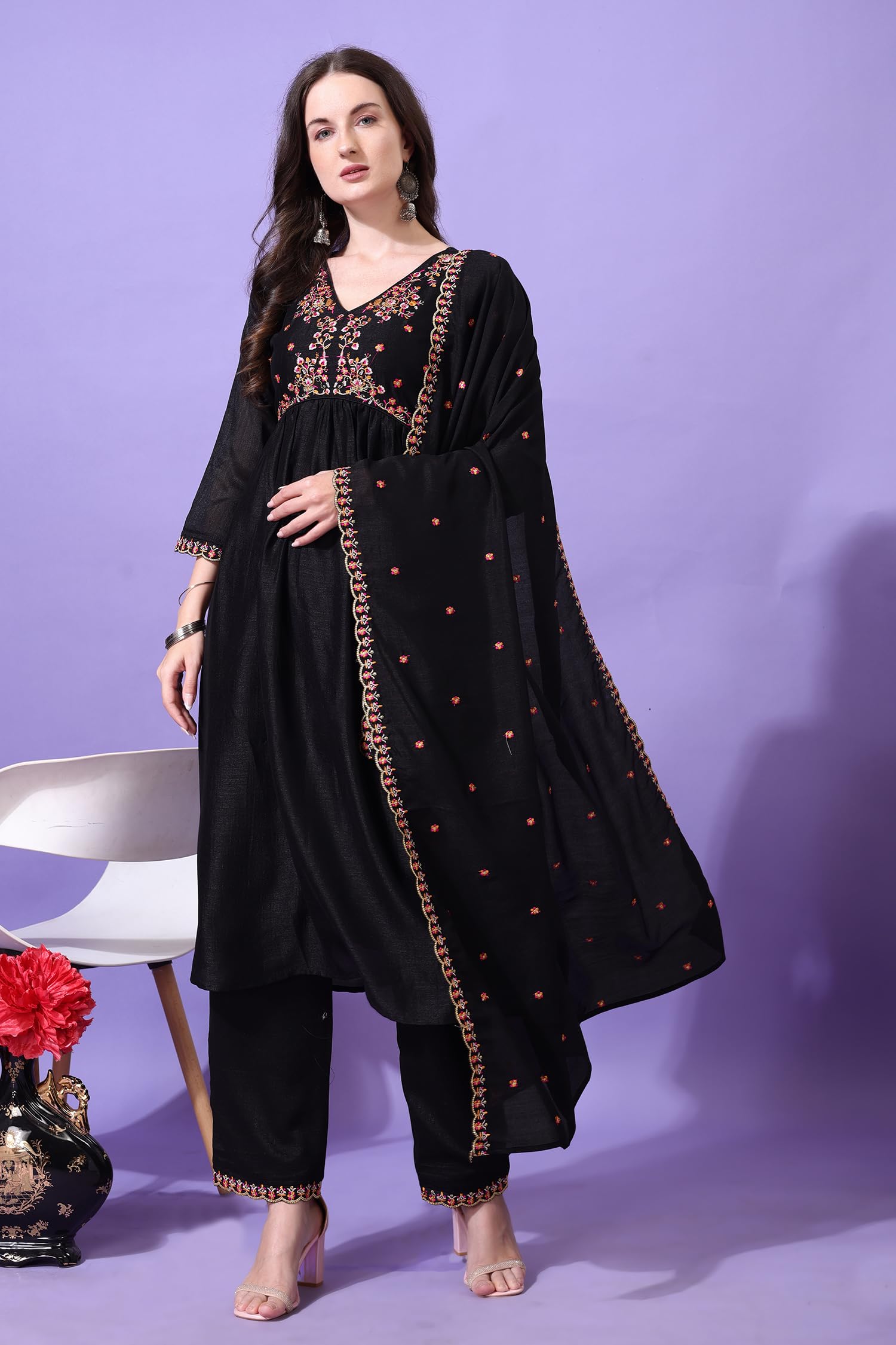 Pratham Blue Women's Silk Embroidered Anarkali Kurta Palazzos With Dupatta |Kurta Sets For Women |Women Kurta | Women Embroidered Kurta Sets Kurtis |Women Kurta Pant Set (Bkp-1003-S_Black)