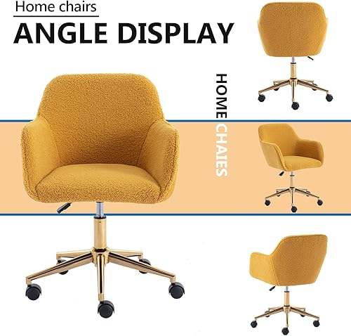 Miniatura 83 de Silla moderna de peluche para oficina en casa, bonita silla de escritorio tapizada con patas de metal dorado, silla giratoria ajustable con ruedas,