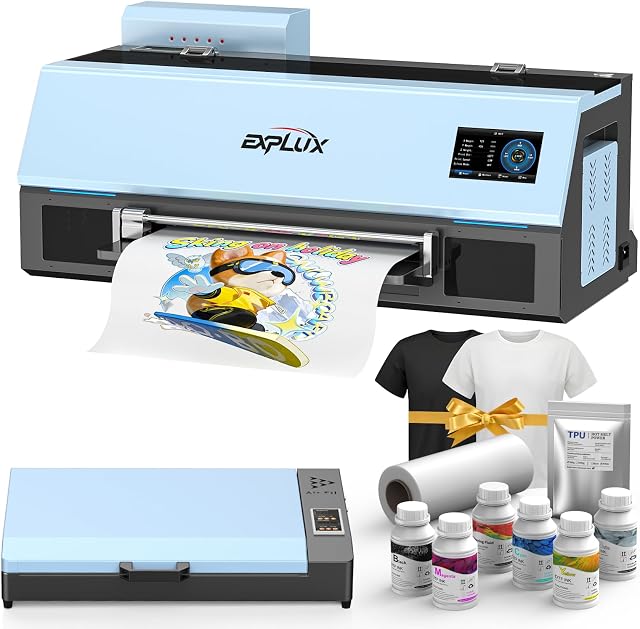 EXPLUX A3 DTF imprimante XP600 Tête d'impression C13 Bundle avec four à fours, auto-nettoyage programmé, circulation d'encre blanche intégrée, 5" écran tactile, 7-Min Impression rapide, pour les startups & Petites entreprises