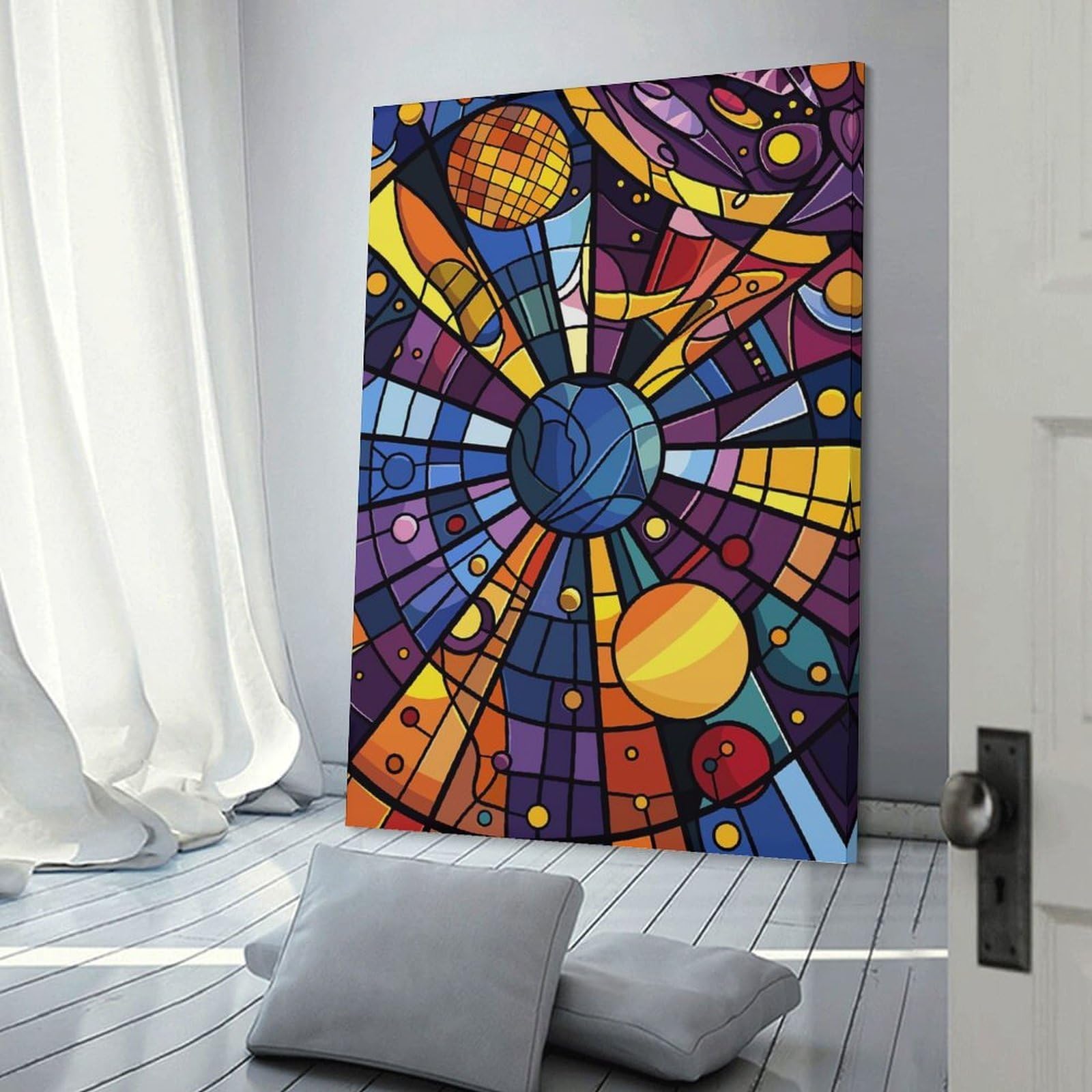 Junmoney Abstract Stained Glass Space Scene Wall Picture Print 08x12inch(20x30cm), for Corridors, Hallways Or Apartment Entries, Decorative Canvas Styling for Entry Areas