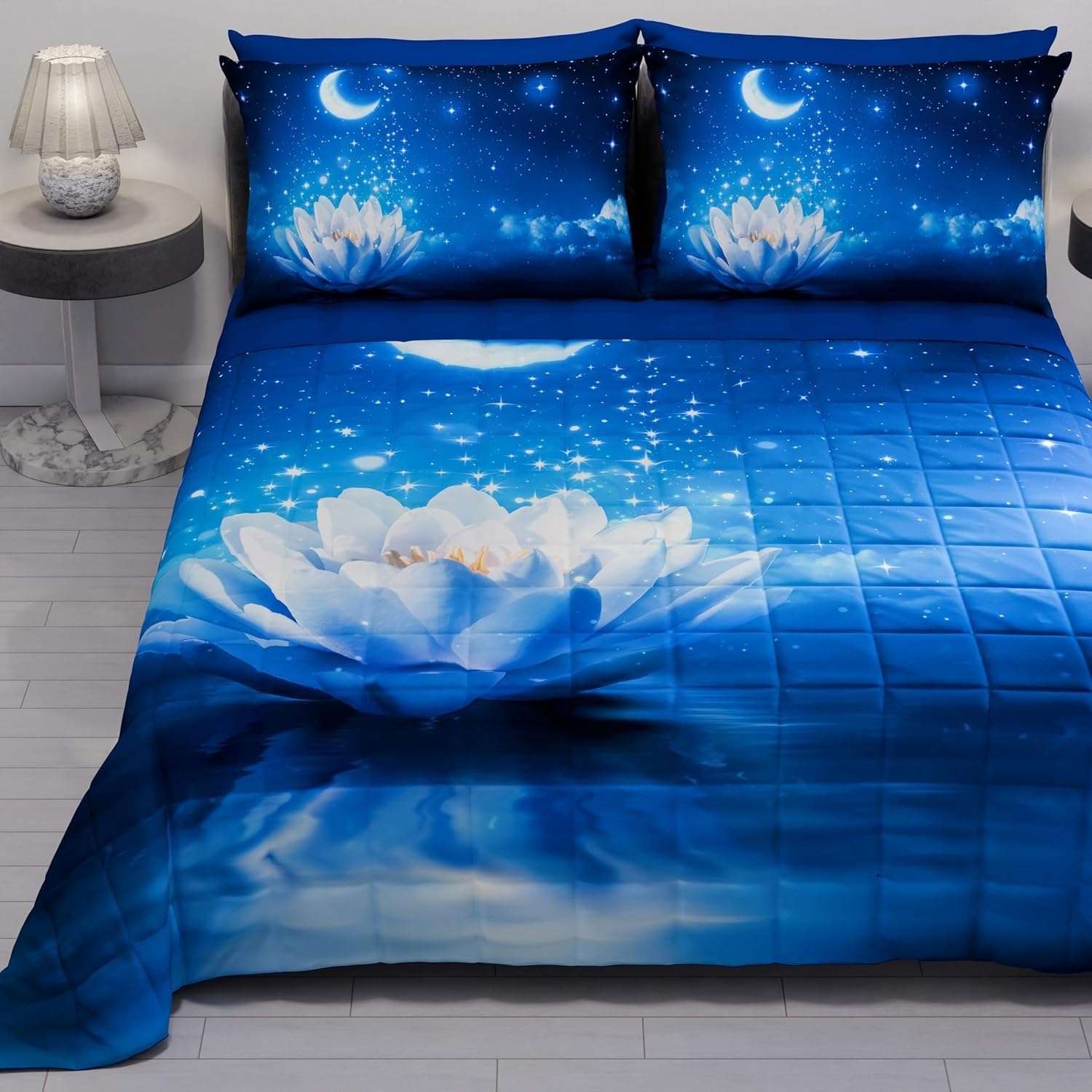 Couette 240x260 Chaude Nénuphars Bleus Lavable avec 2 Taies d'Oreiller