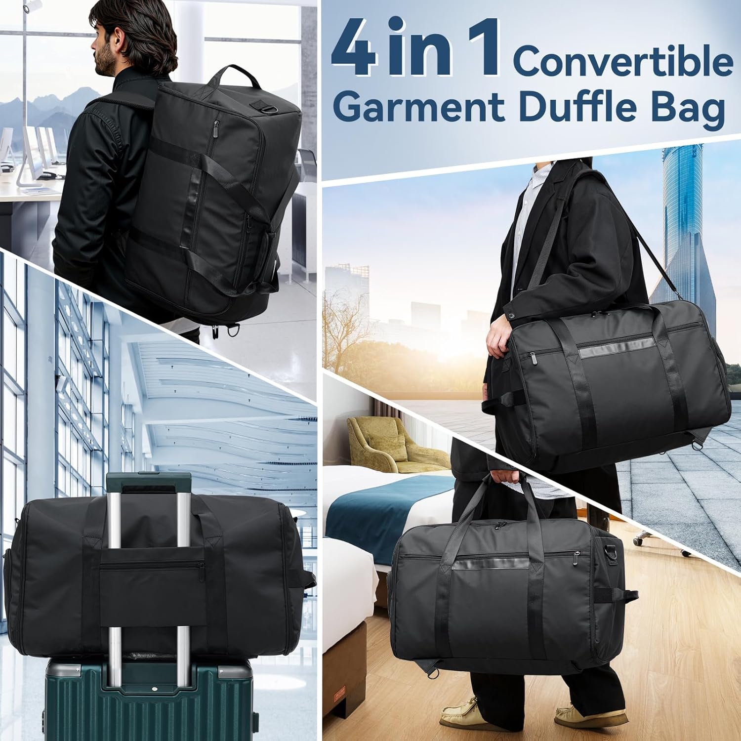 GARPROVM Garment Duffle Bags for Travel, 4 in 1 Convertible Garment Bags with Separated Suit Bag Shoe Compartment, Waterproof Carry On Luggage Bag Backpack for Short Trip, Weekender Bag for Men Women - Image 2