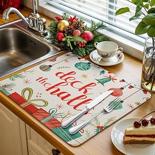 Dish Drying Mat for Kitchen Counter, Deck The Halls Christmas Gift Bell Pine Branch Absorbent Microfiber Dish Drying Pad Coffee Mats, Xmas Theme Dishes Drainer Mat for Cups Dishes Bottles,18x24In
