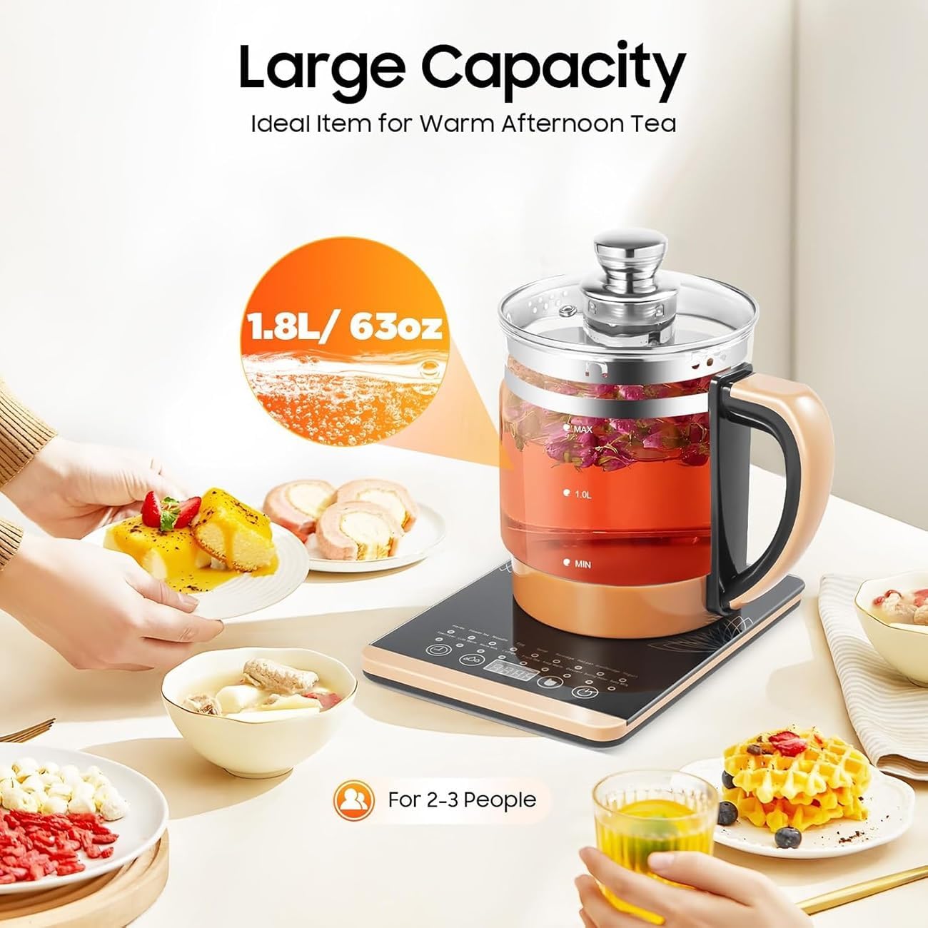 Tea Pot Kettle Electric, Water Heater Kettle Glass, 1.8L Kettles & Tea Machines, Water Boiler for Tea, Coffee with Temperature Control ＆ Steamed Eggs Holder(White)