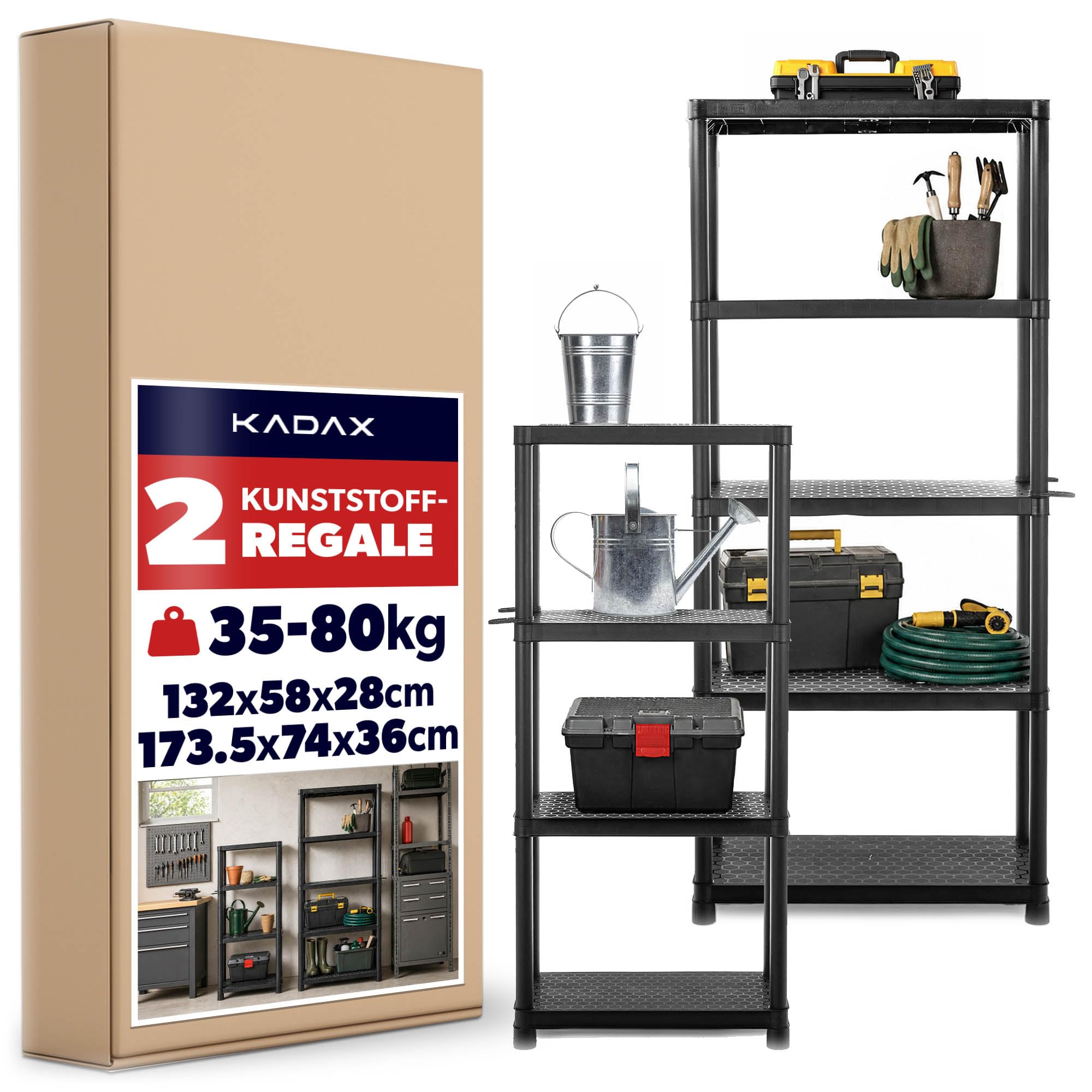 KADAX Schwerlastregale 2er Set: 132 x 58 x 28 cm und 174 x 74 x 36 cm, Lagerregale aus Kunststoff, Kellerregale, Steckregale für Werkstatt, Keller & Garage