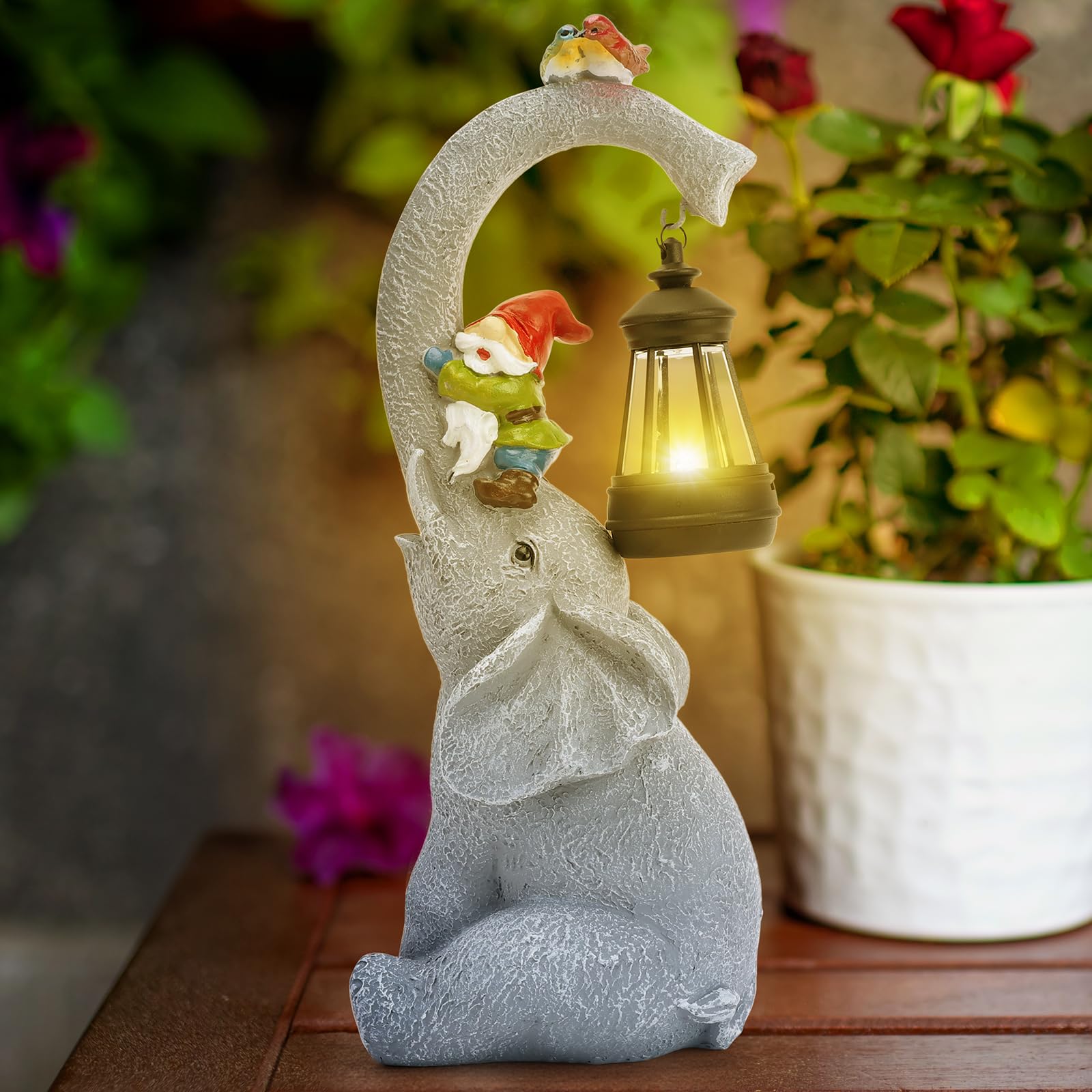 Cuteefun Elefante Solar Jardín Estatua Ornamento al Aire Libre, Figuras de Animales de Jardín con Luz Solar, Resistente a la Intemperie Durable para Yard Lawn, Regalos de Cumpleaños para Mujeres