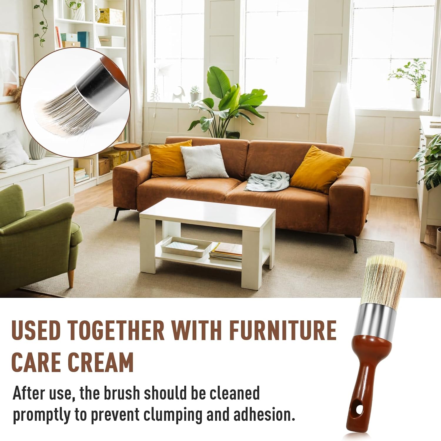 Horse Hair Brush for Leather and Furniture Salve - Durable Wax Brushing Tool with Comfortable Handle for Home Leather Cleaning （Long Handle）