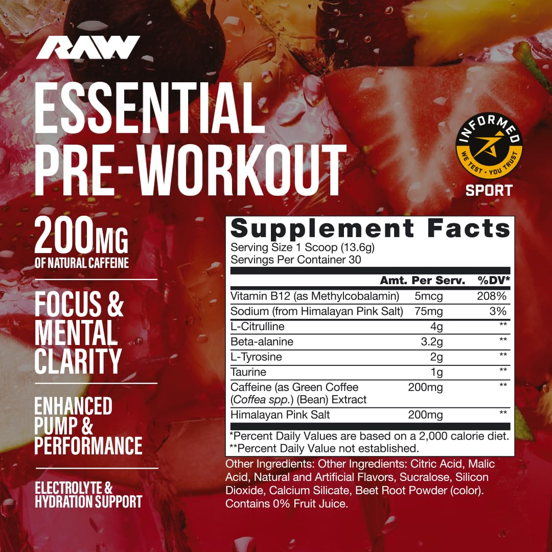 RAW Essential Pre-Workout Powder (Fruit Burst) - Chris Bumstead Sports Nutrition Supplement for Men & Women - Preworkout Energy Powder with Caffeine, L-Citrulline, L-Tyrosine, & Beta Alanine Blend — Amazon image 2