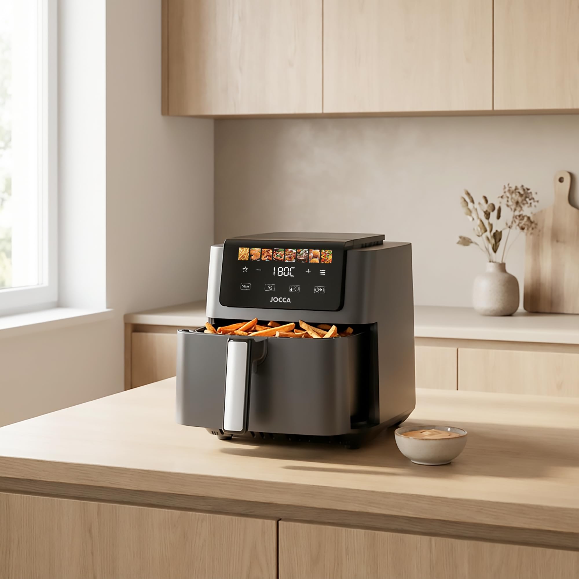 JOCCA - Freidora de Aire 6.5L 1700W con Pantalla Táctil, 8 Programas, Control de Temperatura 40-200°C, Air Fryer sin Aceite, Cavidad Metálica, Mango Desmontable, Negro