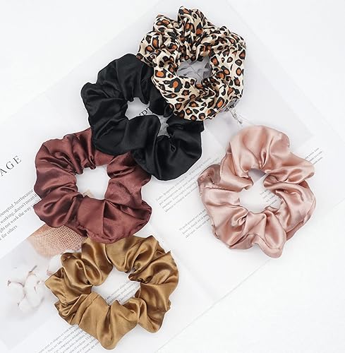 Miniatura 8 de Coleteros de satén para el cabello, coleteros sedosos grandes, elegantes, color negro y marrón, bandas para el cabello con estampado de guepardo,