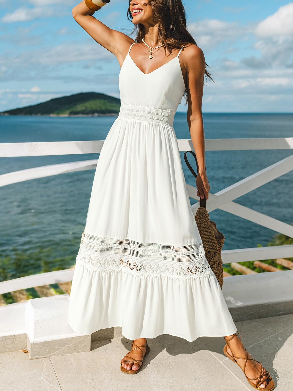 CUPSHE Robe longue d'été sans manches en dentelle à bretelles spaghetti pour femme