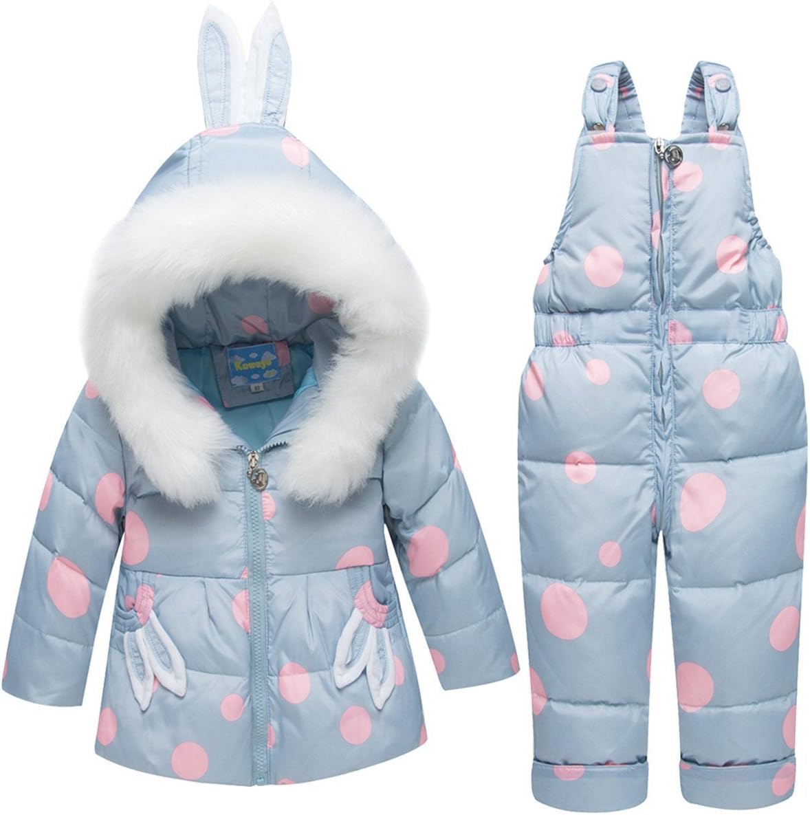 Baby Girls Two Piece Polka Dots Paw Puffer Down Hooded Ears Fur Trim Snowsuit Jacket with Snow Ski Bib Pants