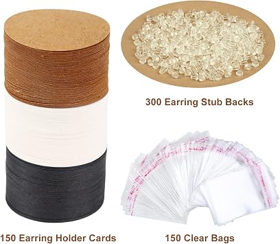 XXUOD 600 Pieces Display Cards Set, 150 Round Cardboard Earring Holder With 150 Self-Seal Bags and 300 Backs for Ear Studs - 3 Colors